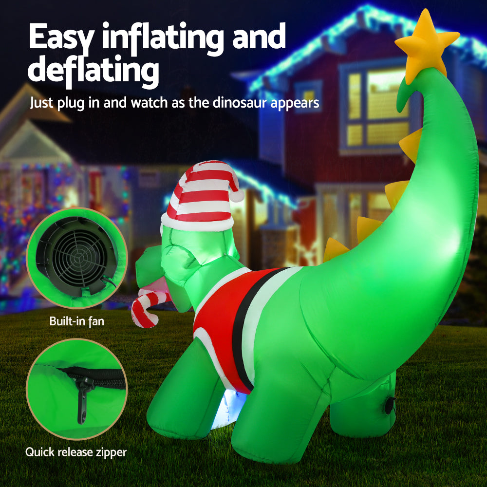 1.86M Christmas Dinosaur Inflatable with Scarf & Bauble – 4 LEDs