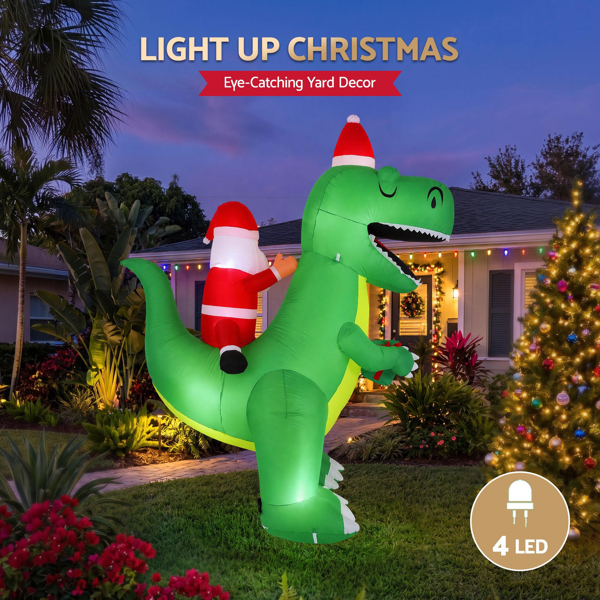 2.5M Santa Riding Dinosaur Christmas Inflatable with LED Lights