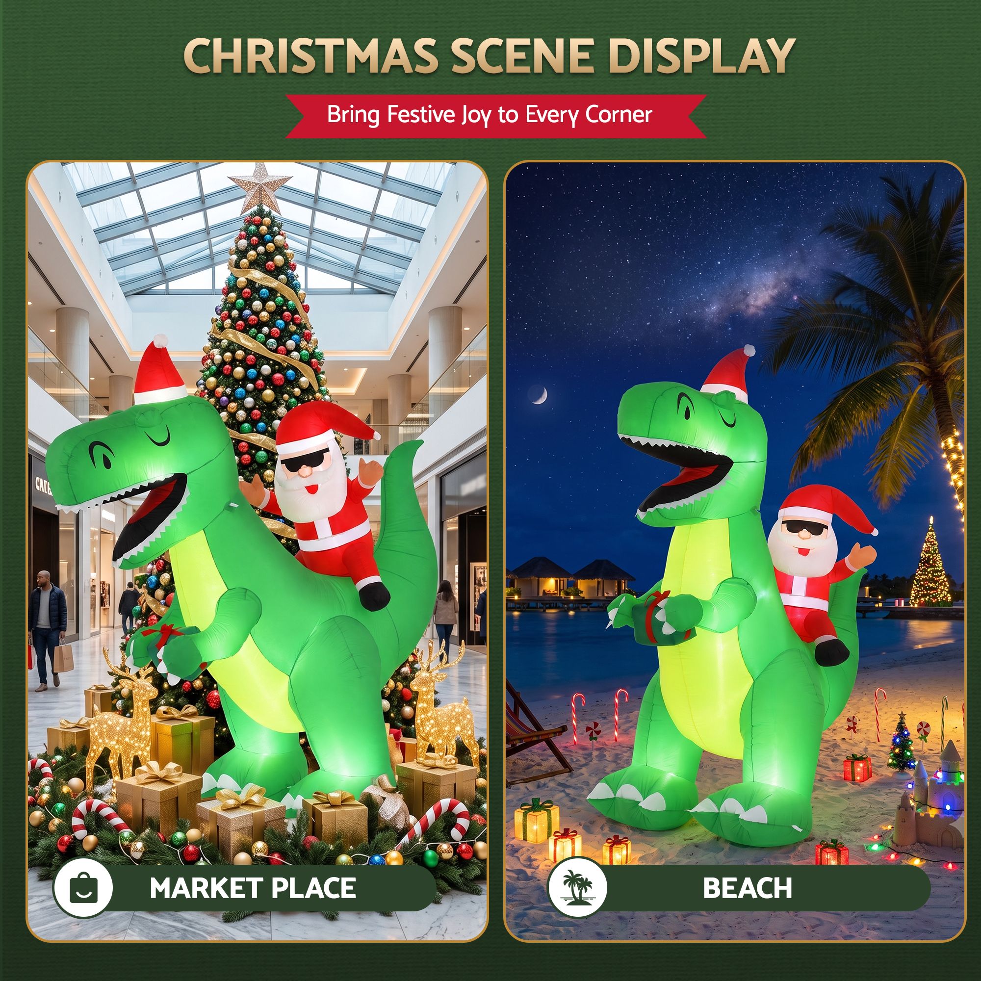 2.5M Santa Riding Dinosaur Christmas Inflatable with LED Lights