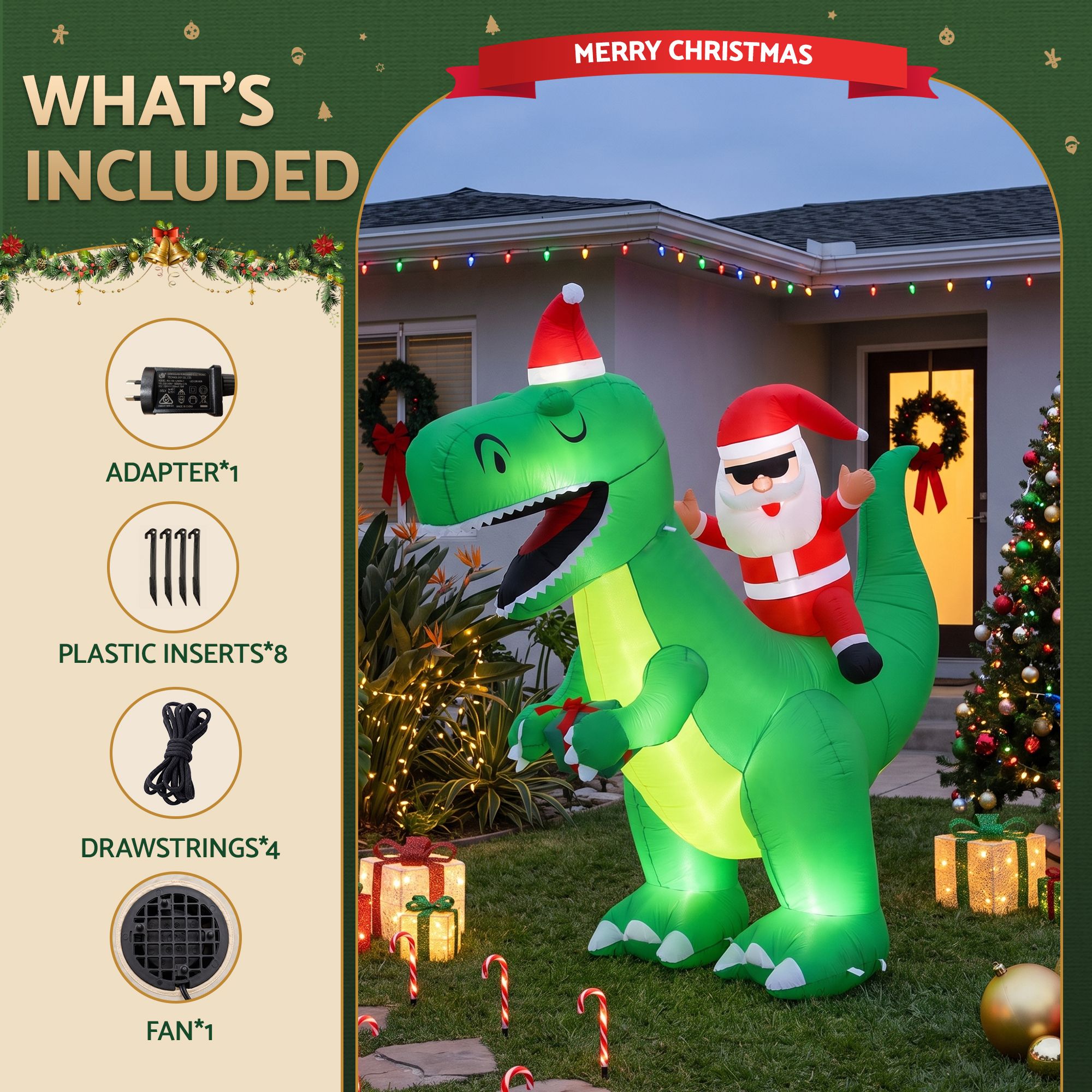 2.5M Santa Riding Dinosaur Christmas Inflatable with LED Lights