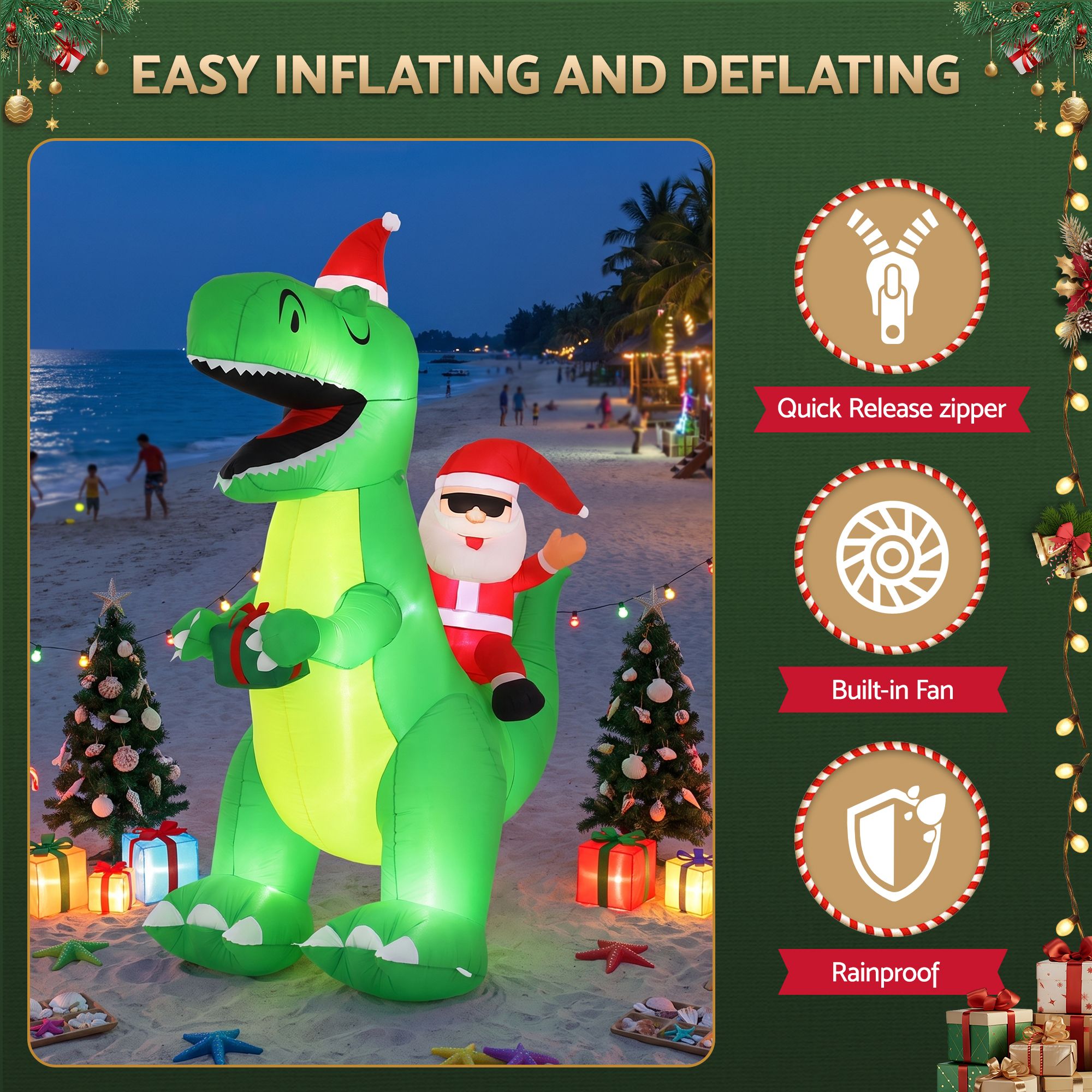 2.5M Santa Riding Dinosaur Christmas Inflatable with LED Lights