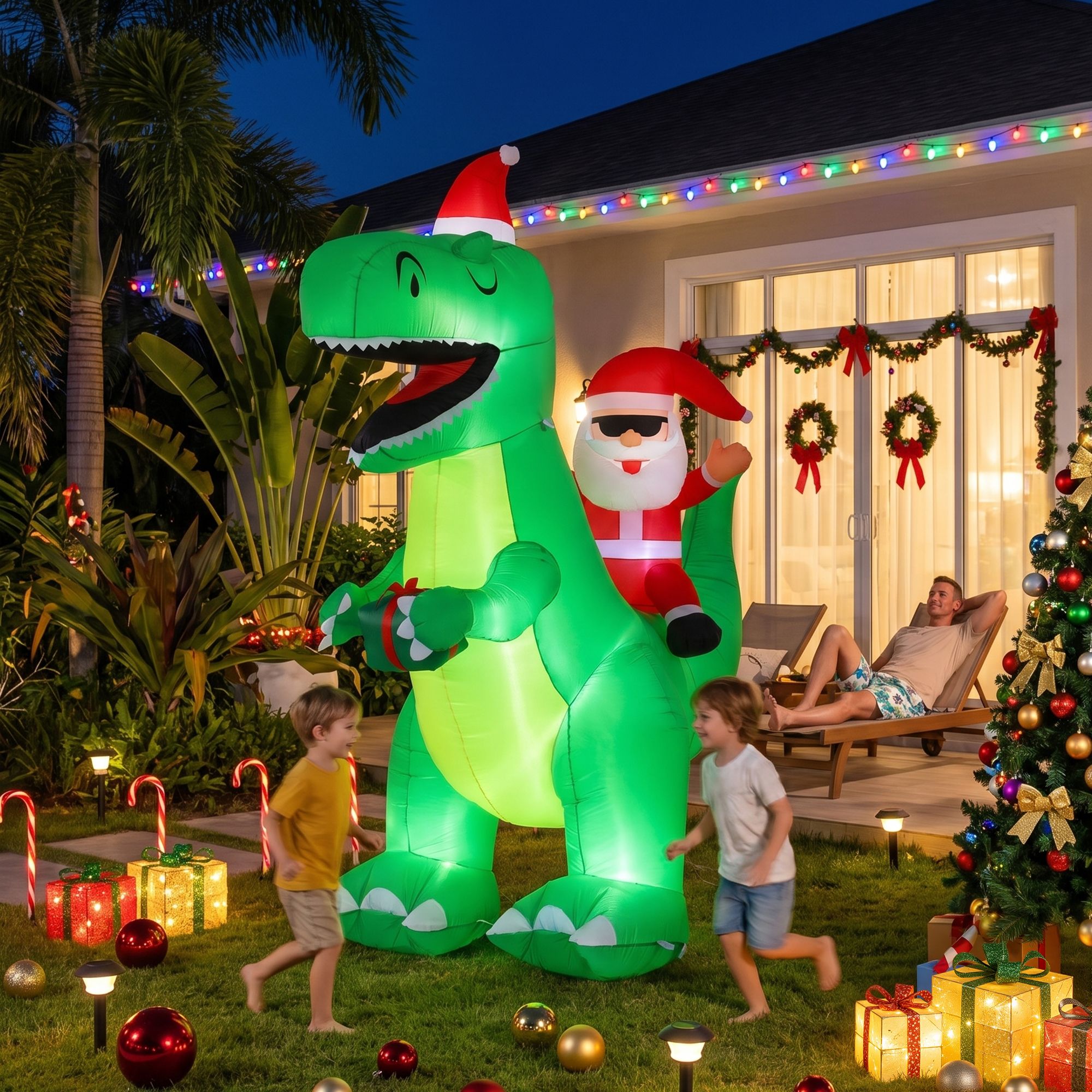 2.5M Santa Riding Dinosaur Christmas Inflatable with LED Lights