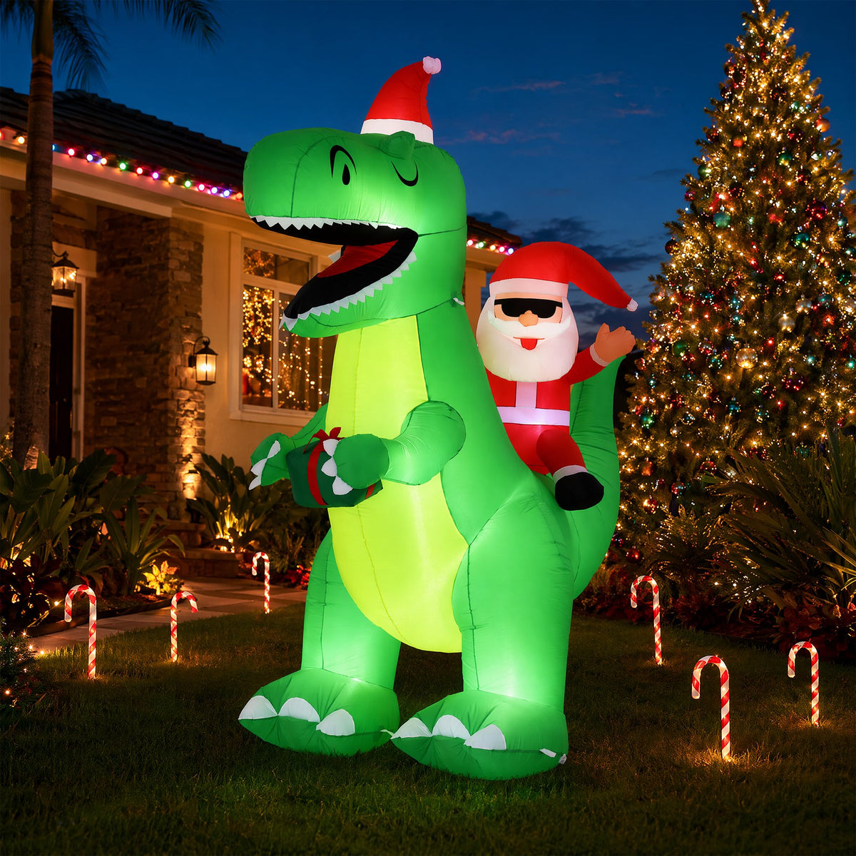 2.5M Santa Riding Dinosaur Christmas Inflatable with LED Lights