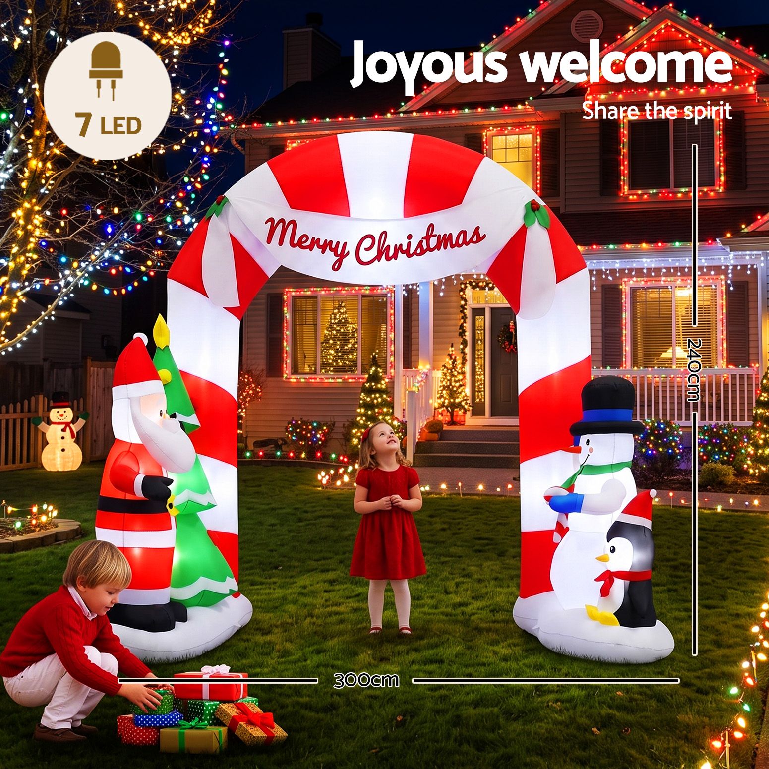 2.4M Santa, Snowman & Penguin Archway Inflatable with LED Lights