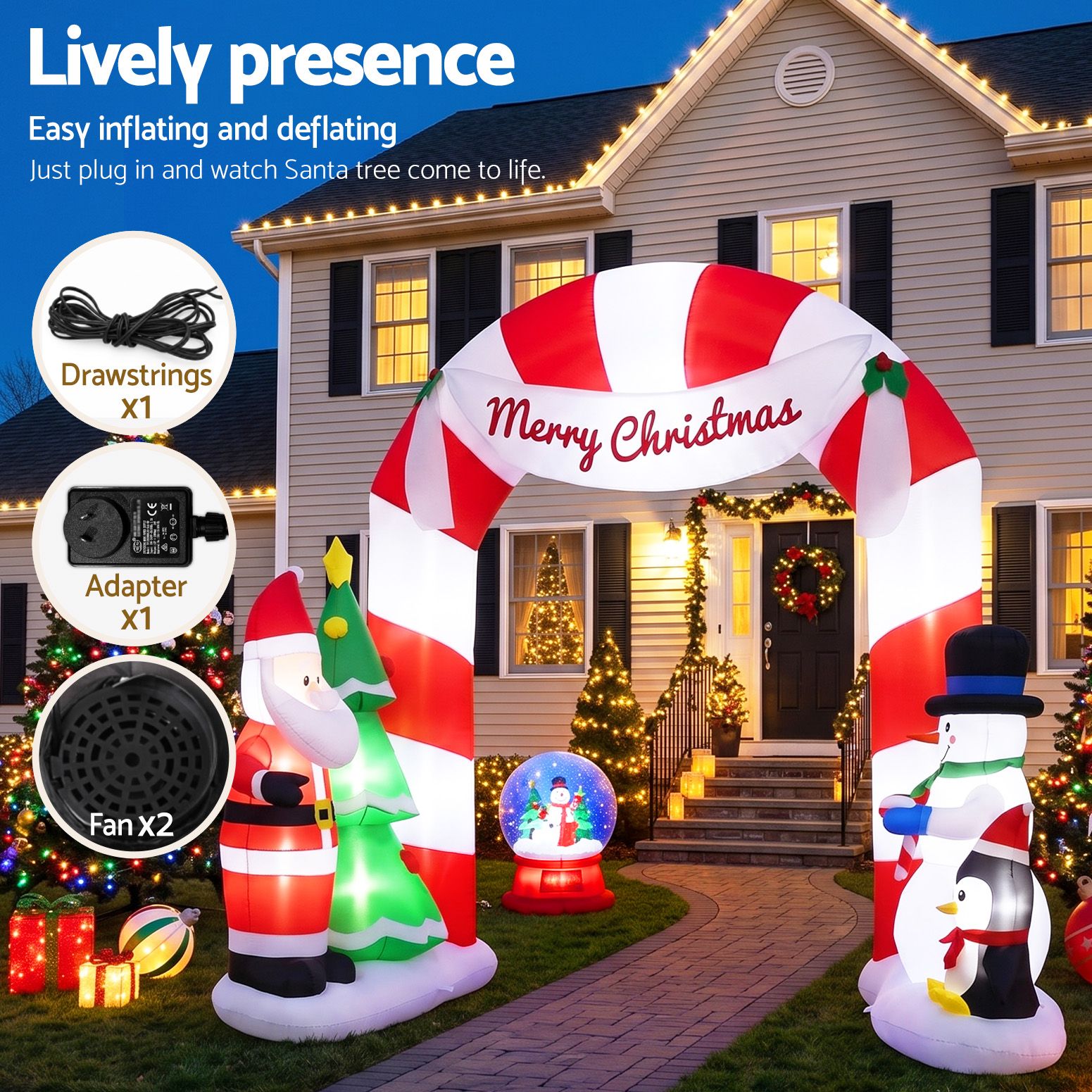 2.4M Santa, Snowman & Penguin Archway Inflatable with LED Lights