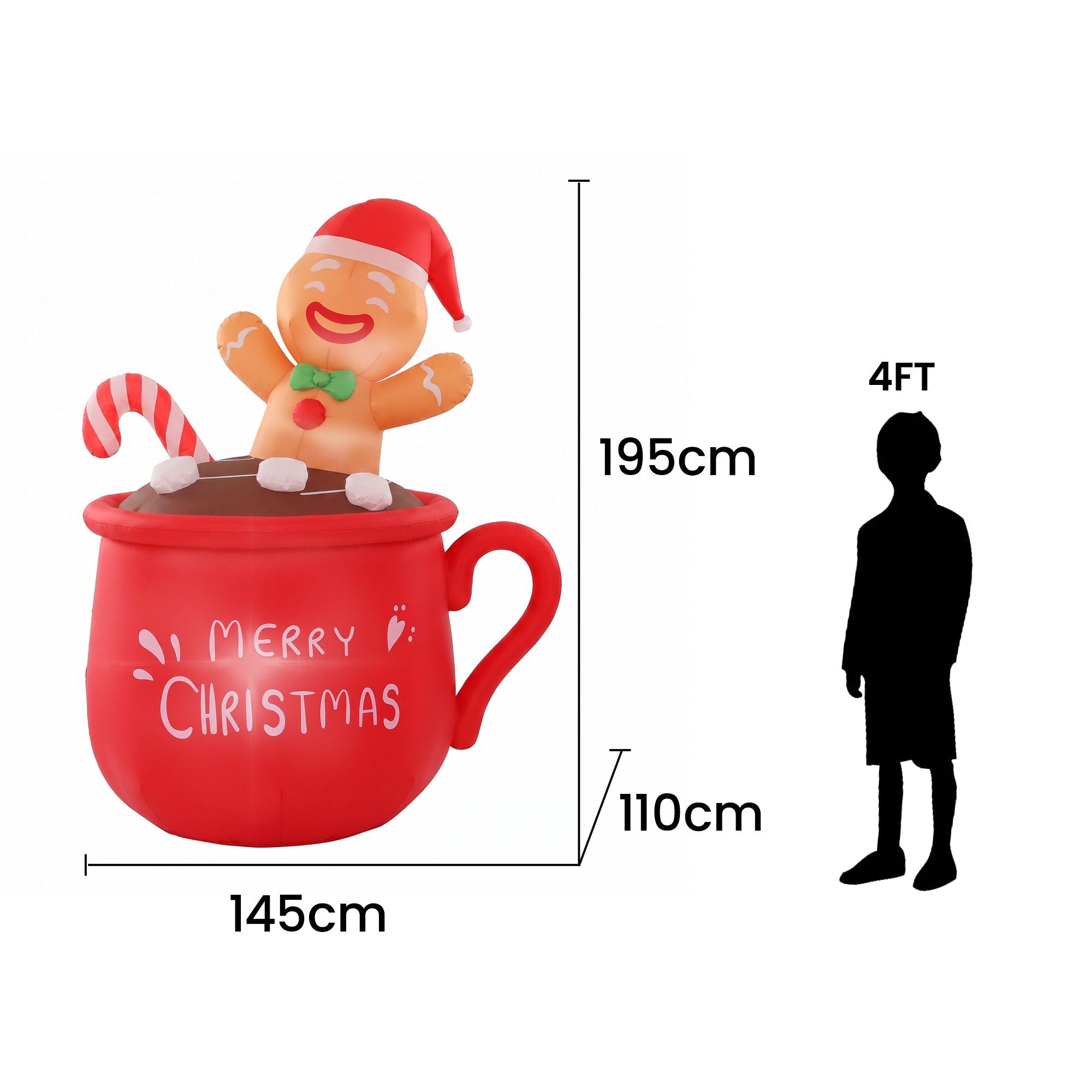 1.95M Gingerbread Man in Merry Christmas Mug Inflatable with LED Lights