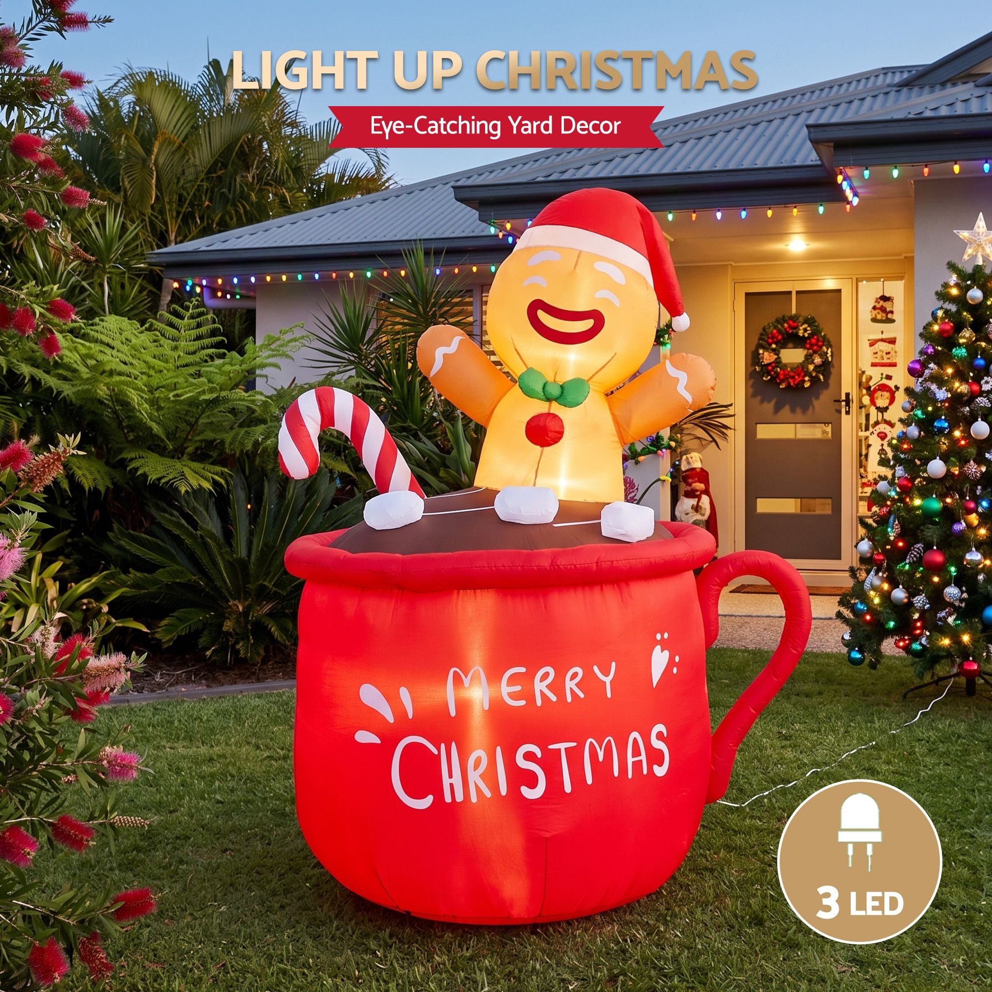 1.95M Gingerbread Man in Merry Christmas Mug Inflatable with LED Lights