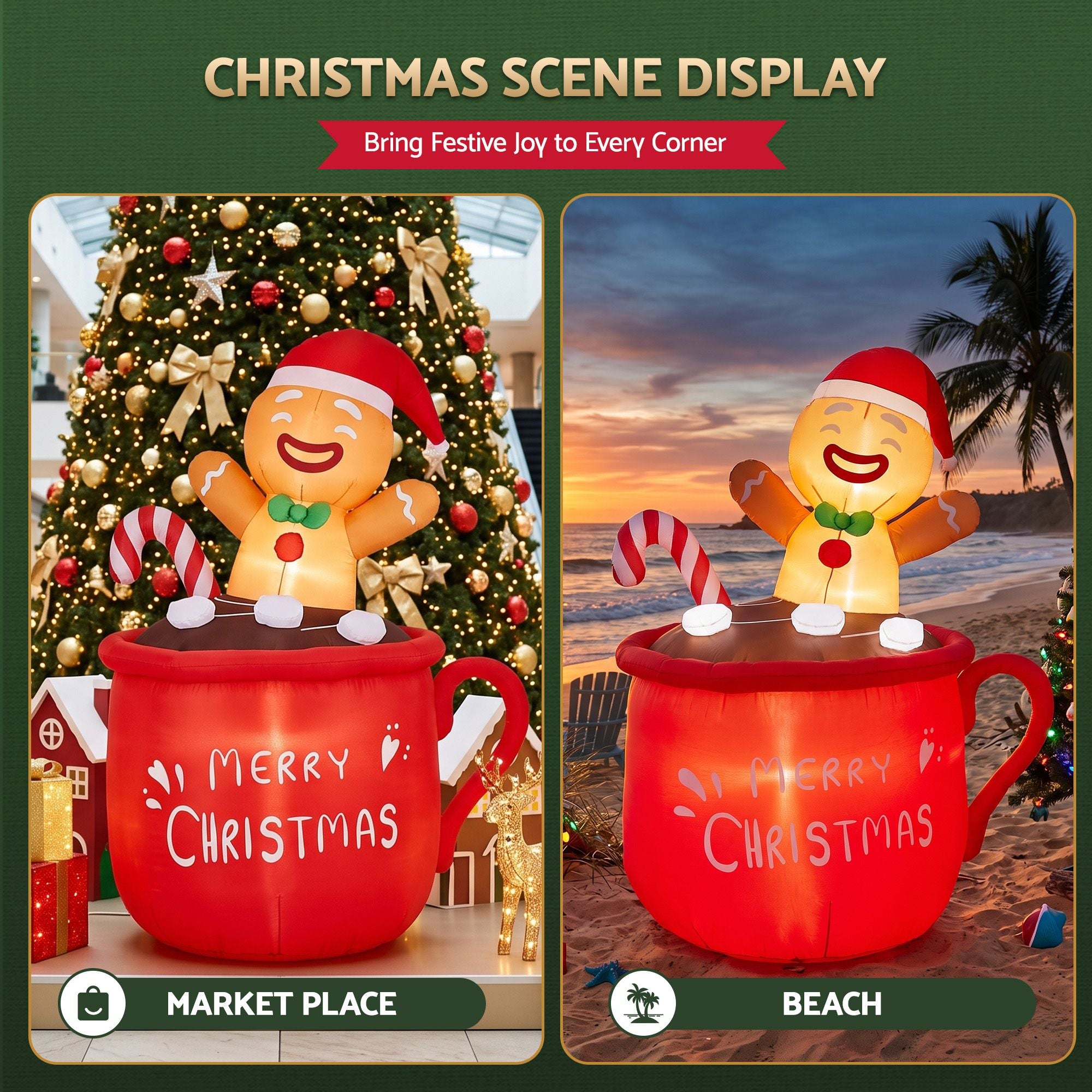 1.95M Gingerbread Man in Merry Christmas Mug Inflatable with LED Lights