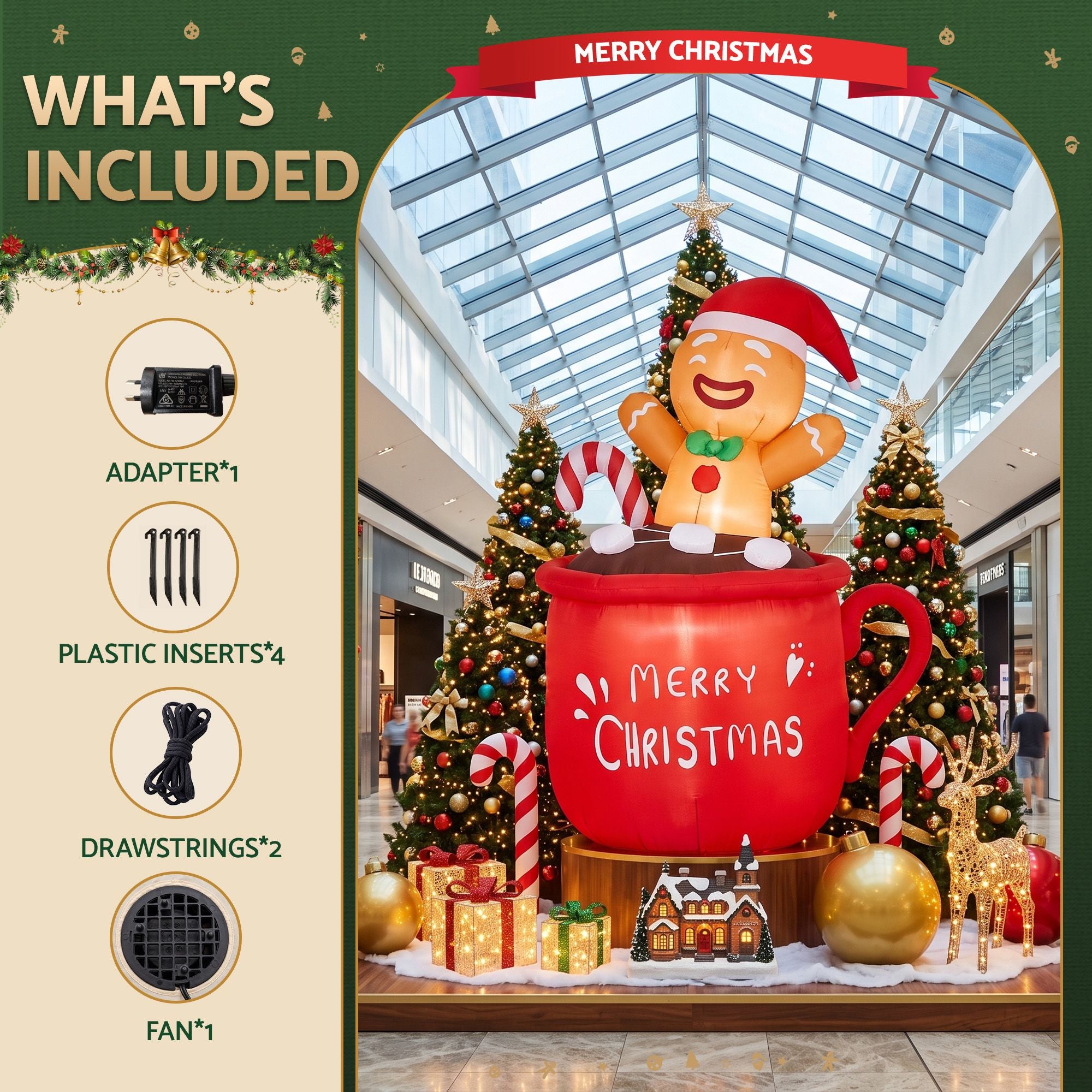 1.95M Gingerbread Man in Merry Christmas Mug Inflatable with LED Lights