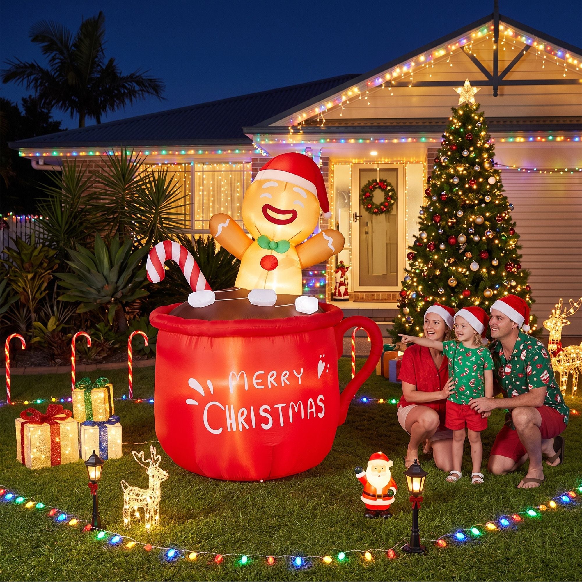 1.95M Gingerbread Man in Merry Christmas Mug Inflatable with LED Lights