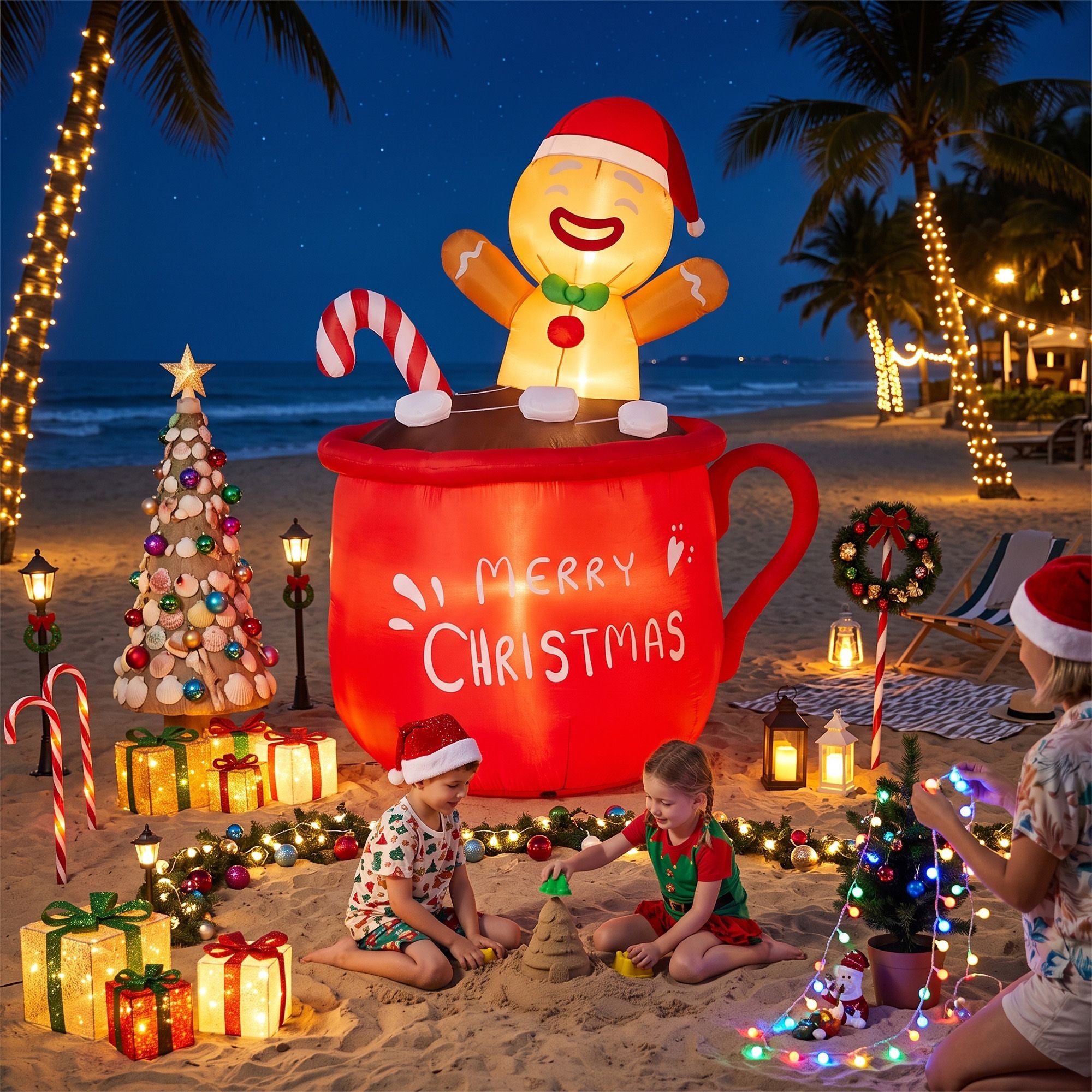 1.95M Gingerbread Man in Merry Christmas Mug Inflatable with LED Lights