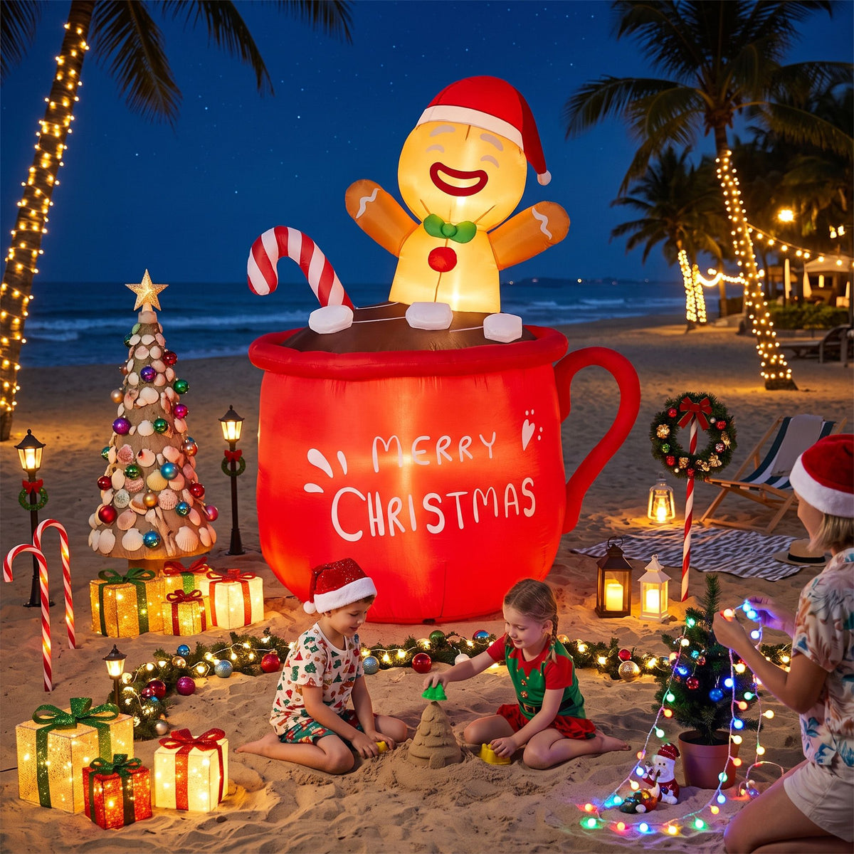 1.95M Gingerbread Man in Merry Christmas Mug Inflatable with LED Lights