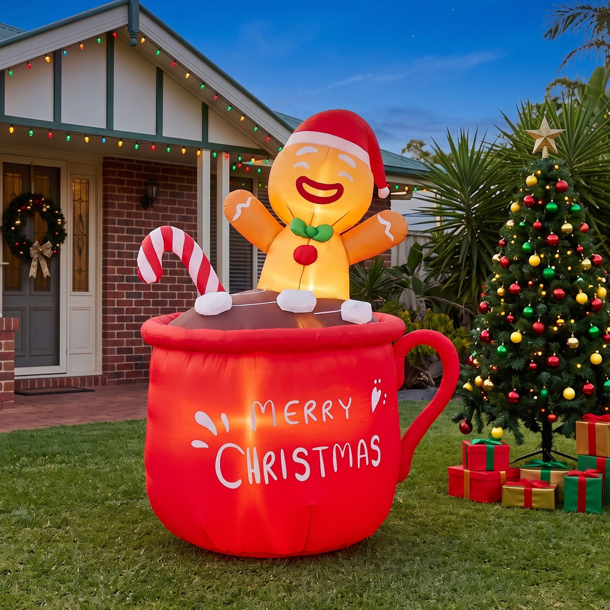 1.95M Gingerbread Man in Merry Christmas Mug Inflatable with LED Lights