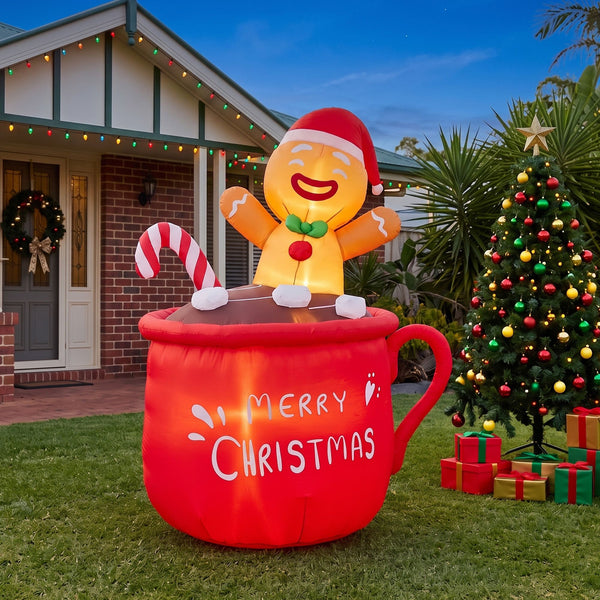 1.95M Gingerbread Man in Merry Christmas Mug Inflatable with LED Lights