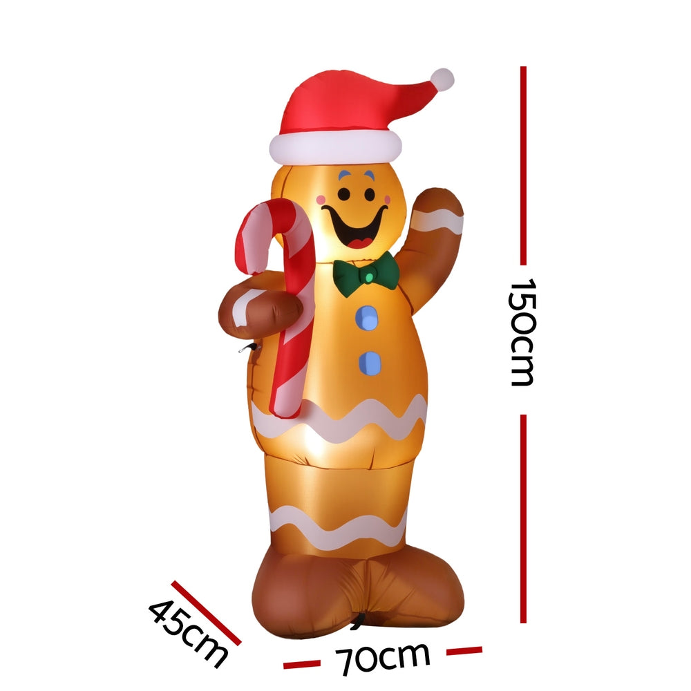 1.5M Gingerbread Man with Candy Cane Christmas Inflatable with LED Lights