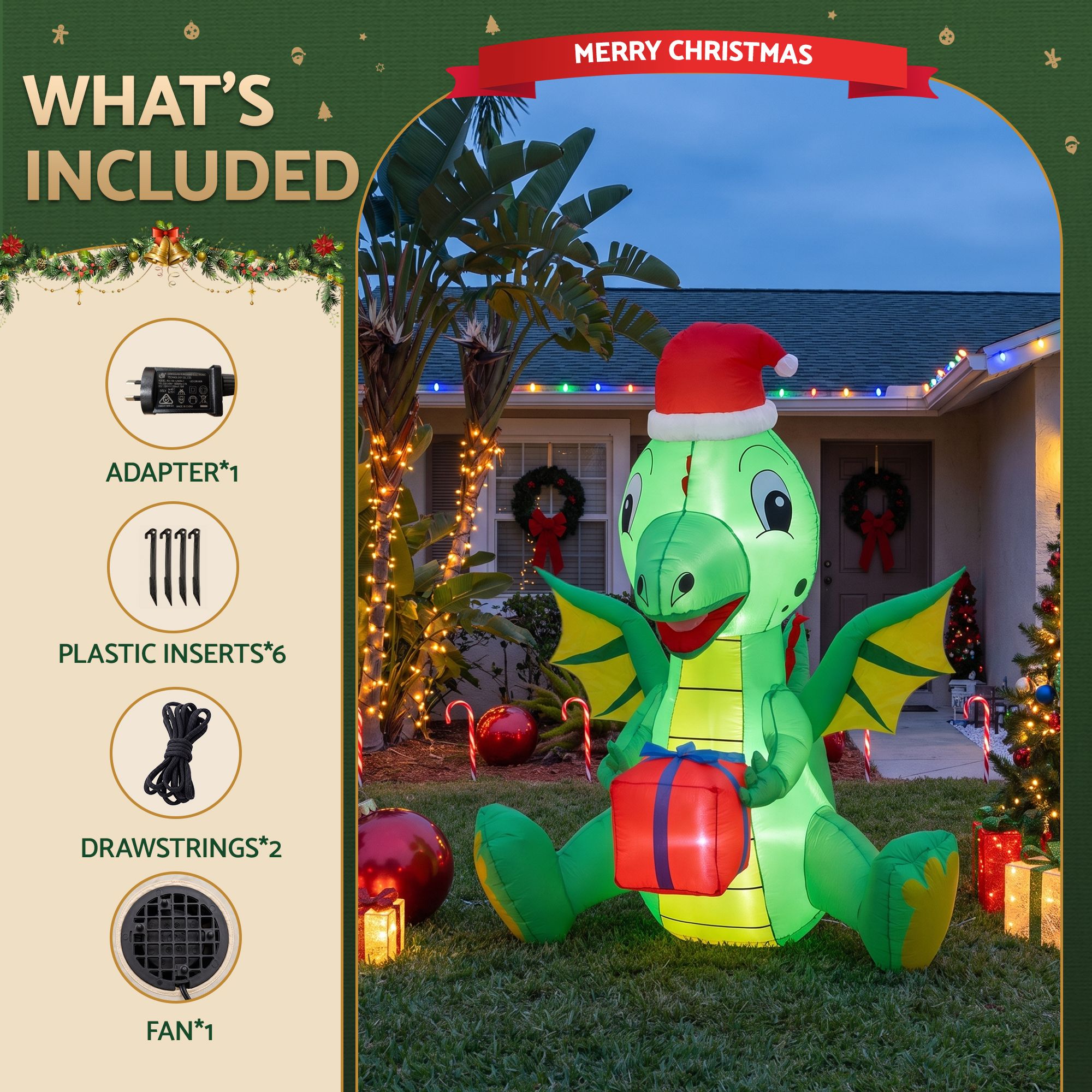 1.85M Christmas Dragon Holding Present Inflatable with LED Lights