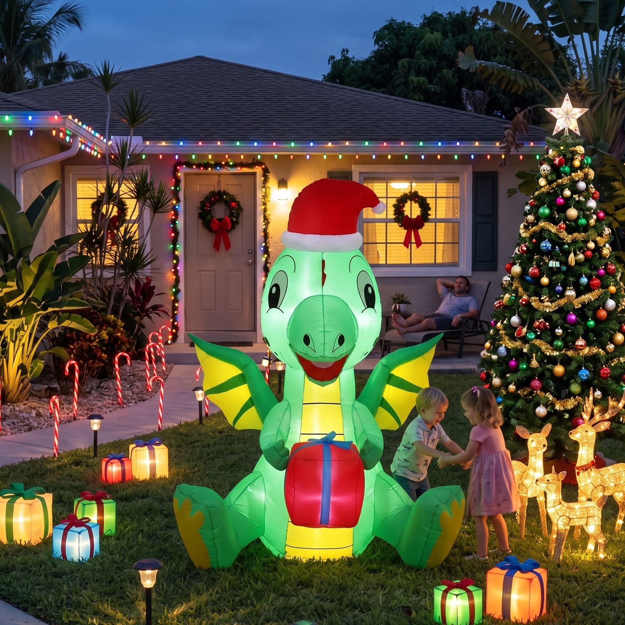 1.85M Christmas Dragon Holding Present Inflatable with LED Lights