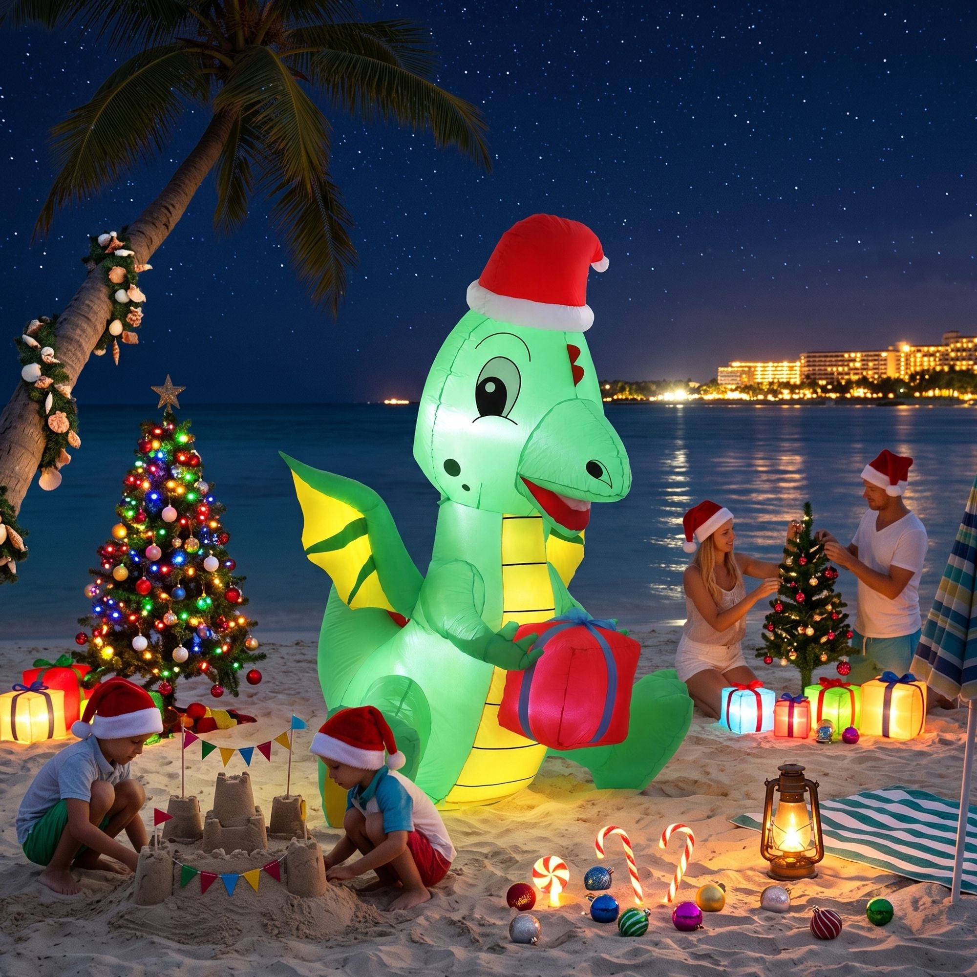 1.85M Christmas Dragon Holding Present Inflatable with LED Lights