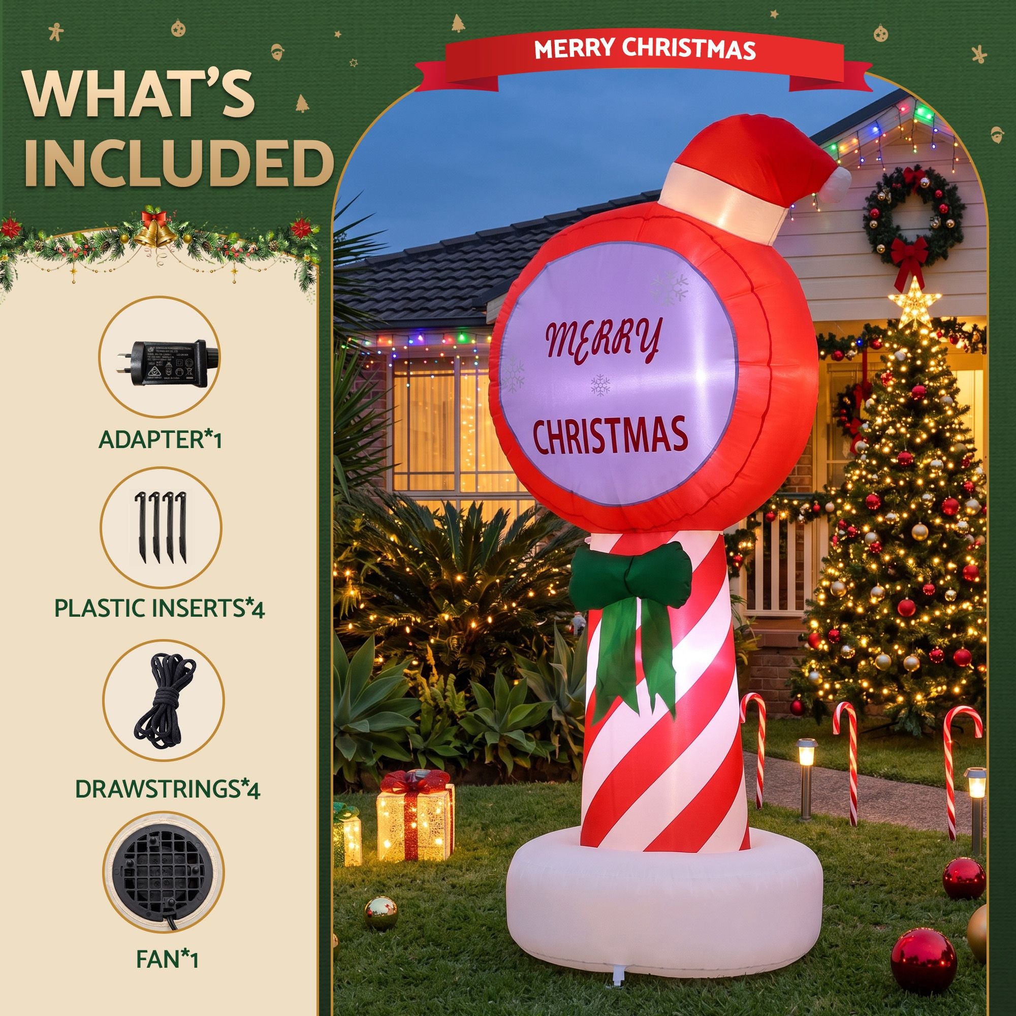 1.8M Merry Christmas Candy Cane Sign Inflatable with LED Lights