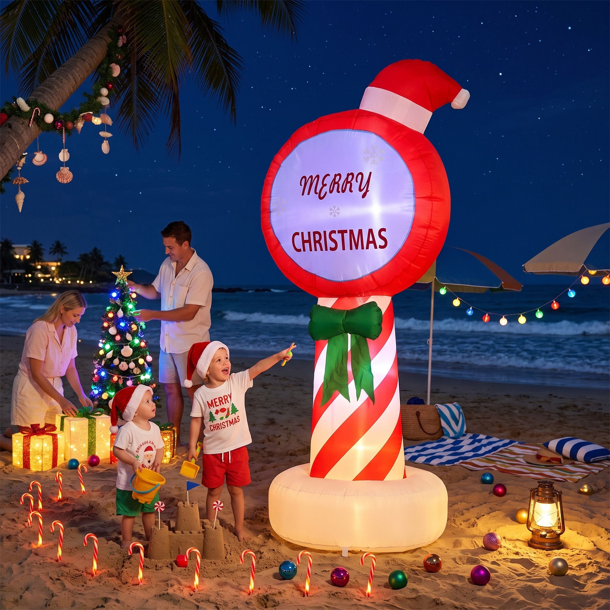 1.8M Merry Christmas Candy Cane Sign Inflatable with LED Lights