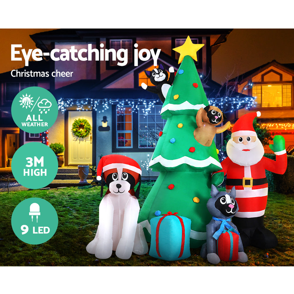 3M Santa & Christmas Tree Inflatable with Pets & LED Lights