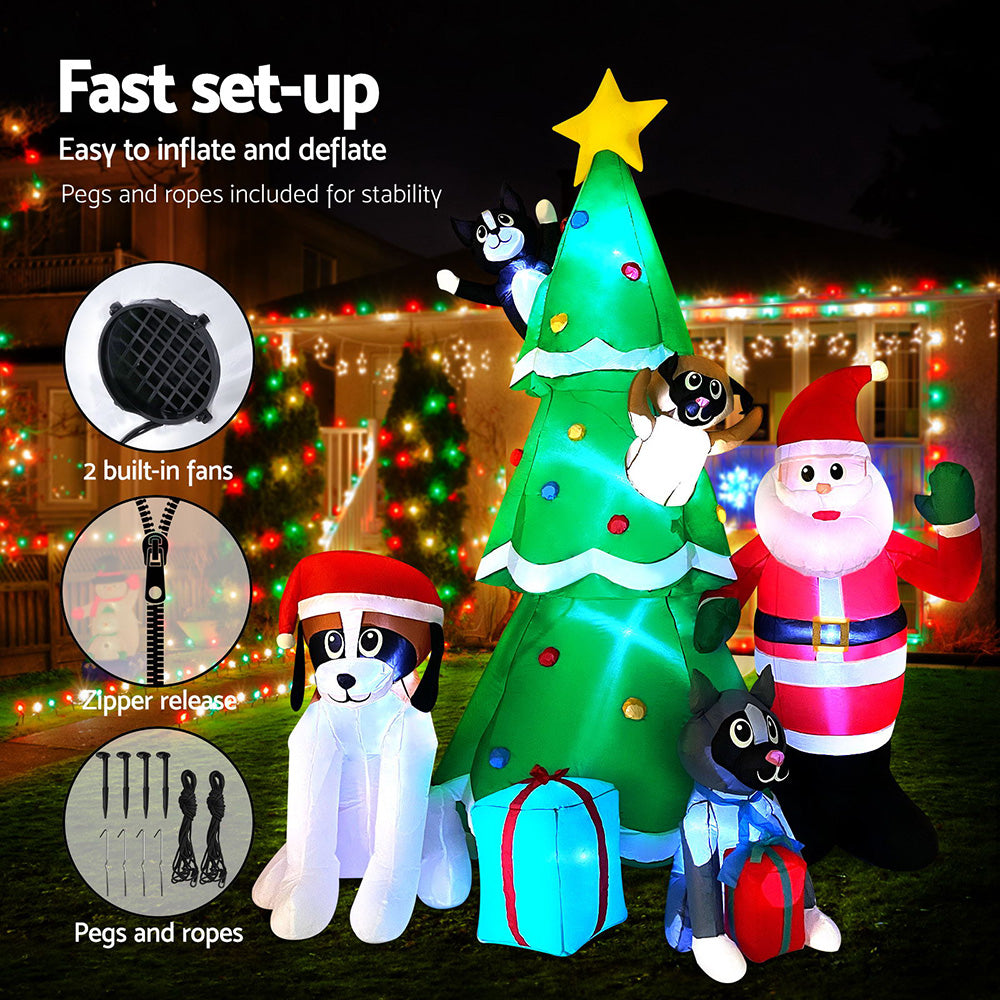 3M Santa & Christmas Tree Inflatable with Pets & LED Lights