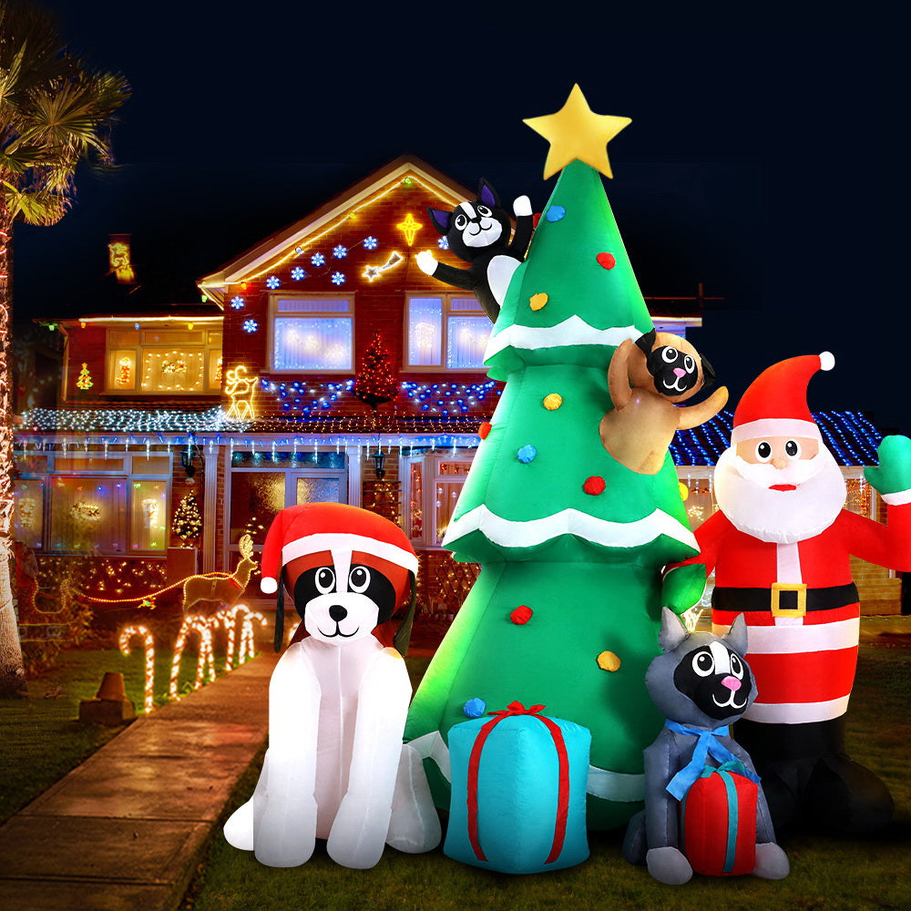 3.04M Christmas Inflatable Santa Tree Puppy Display – 9 Cold White LED Lights