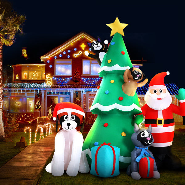 3.04M Christmas Inflatable Santa Tree Puppy Display – 9 Cold White LED Lights