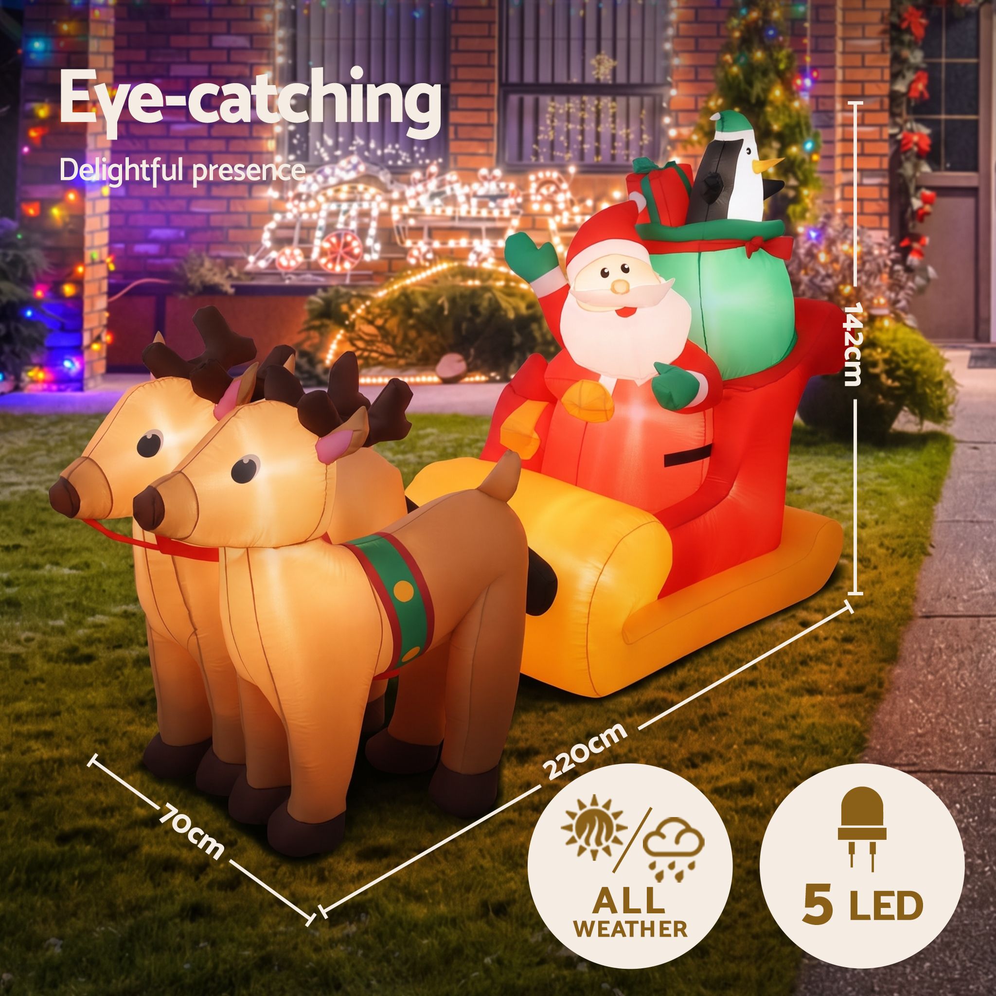 2.2M Santa in Sleigh with Reindeer Inflatable with LED Lights