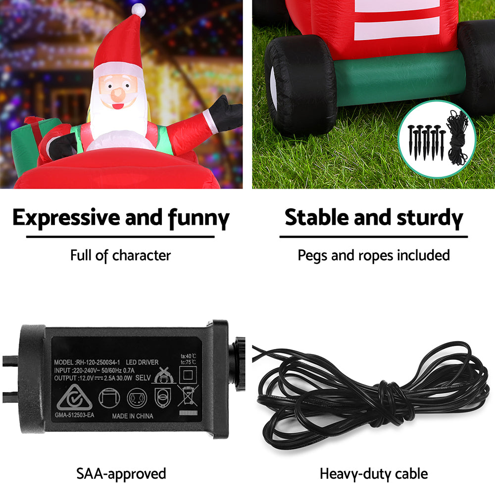 2.6M Santa Driving Tractor Christmas Inflatable with Trailer & LED Lights