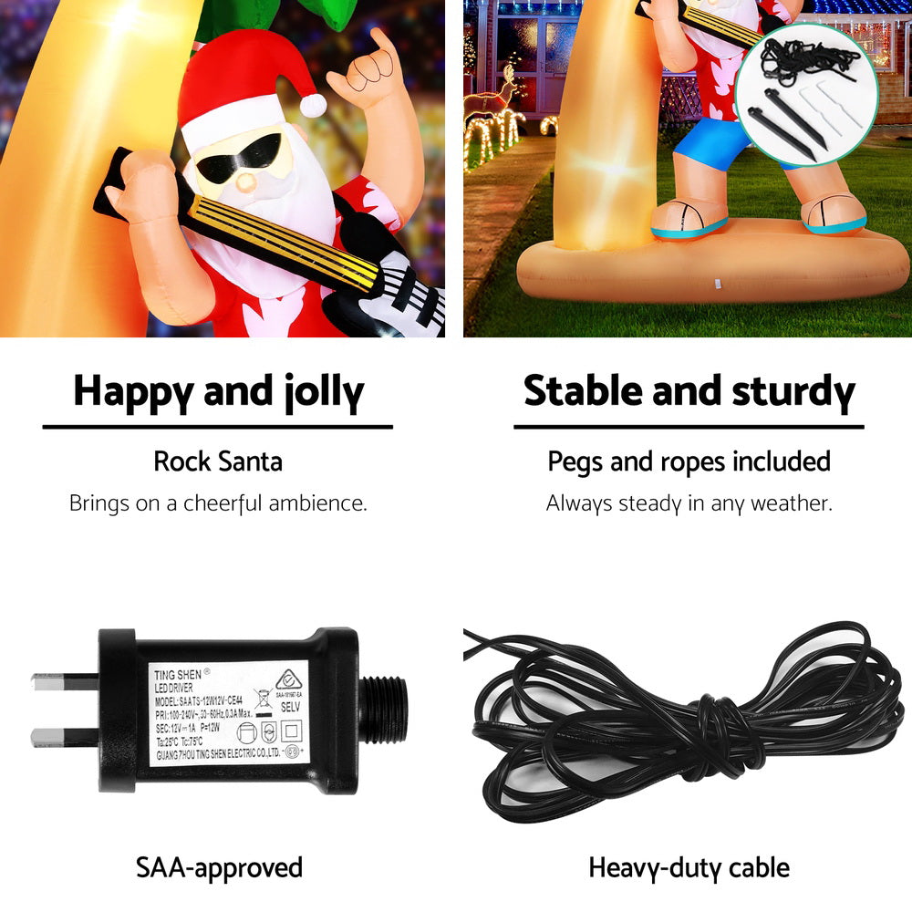 2.1M Beach Santa Christmas Inflatable with Surfboard & Guitar