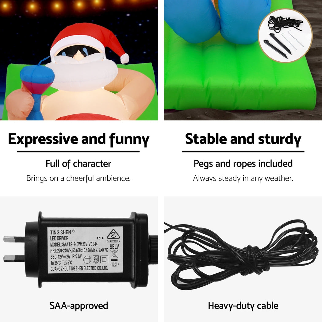 1.8M Beach Santa on Sun Lounger Christmas Inflatable with Cocktail