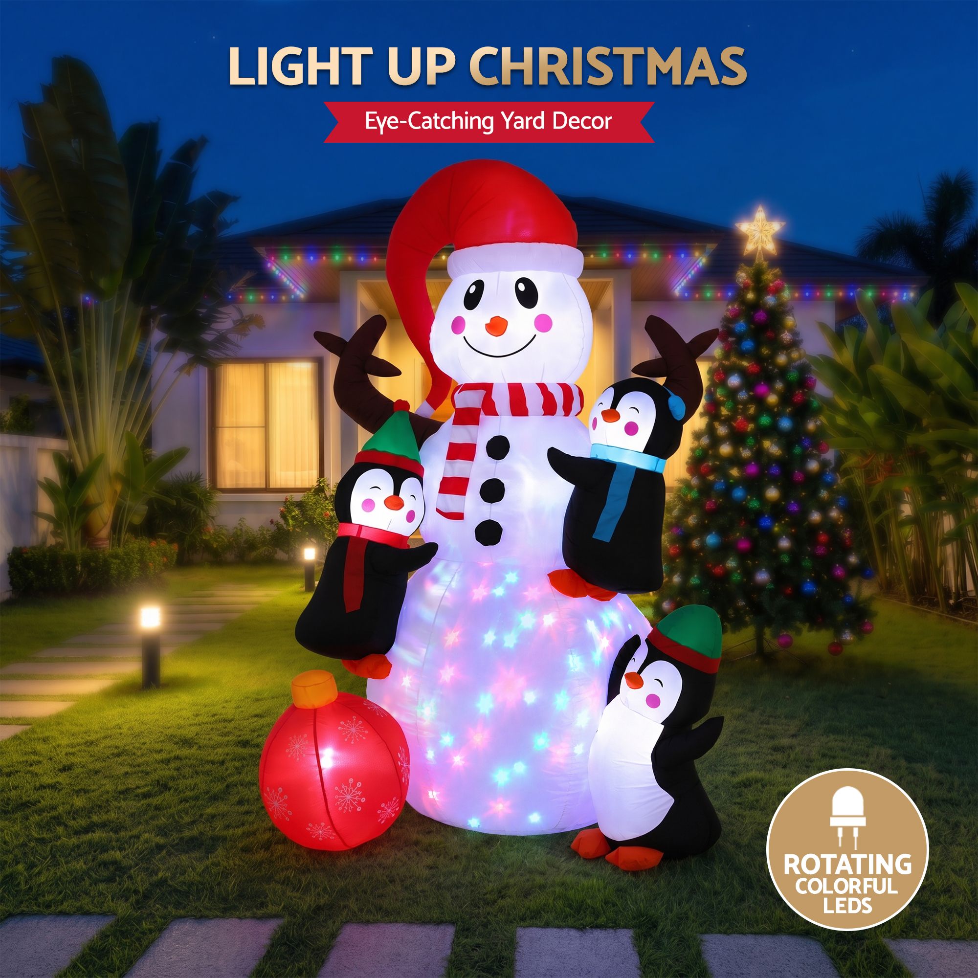 1.85M Snowman with Penguins Christmas Inflatable with Rotating LED Lights