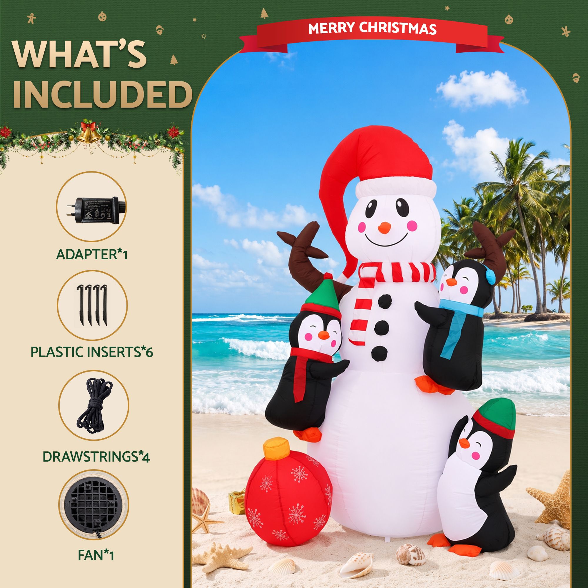 1.85M Snowman with Penguins Christmas Inflatable with Rotating LED Lights