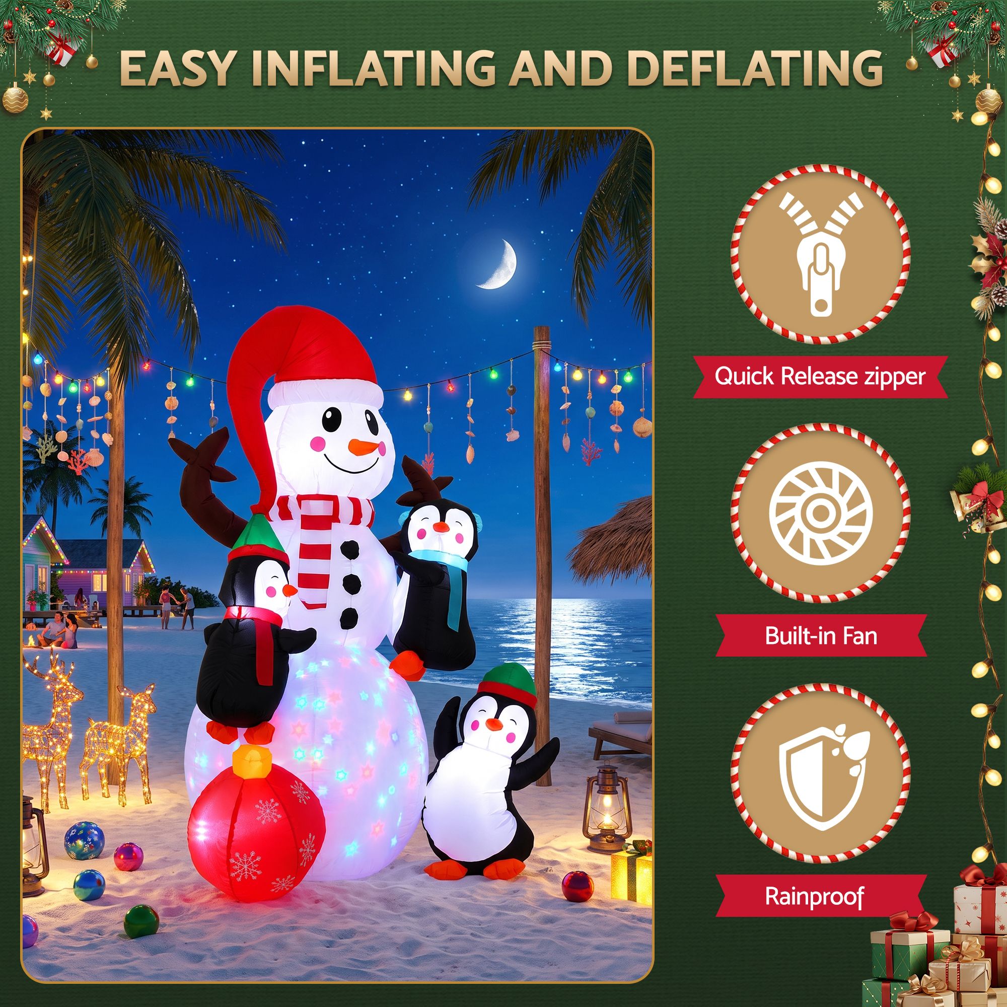 1.85M Snowman with Penguins Christmas Inflatable with Rotating LED Lights
