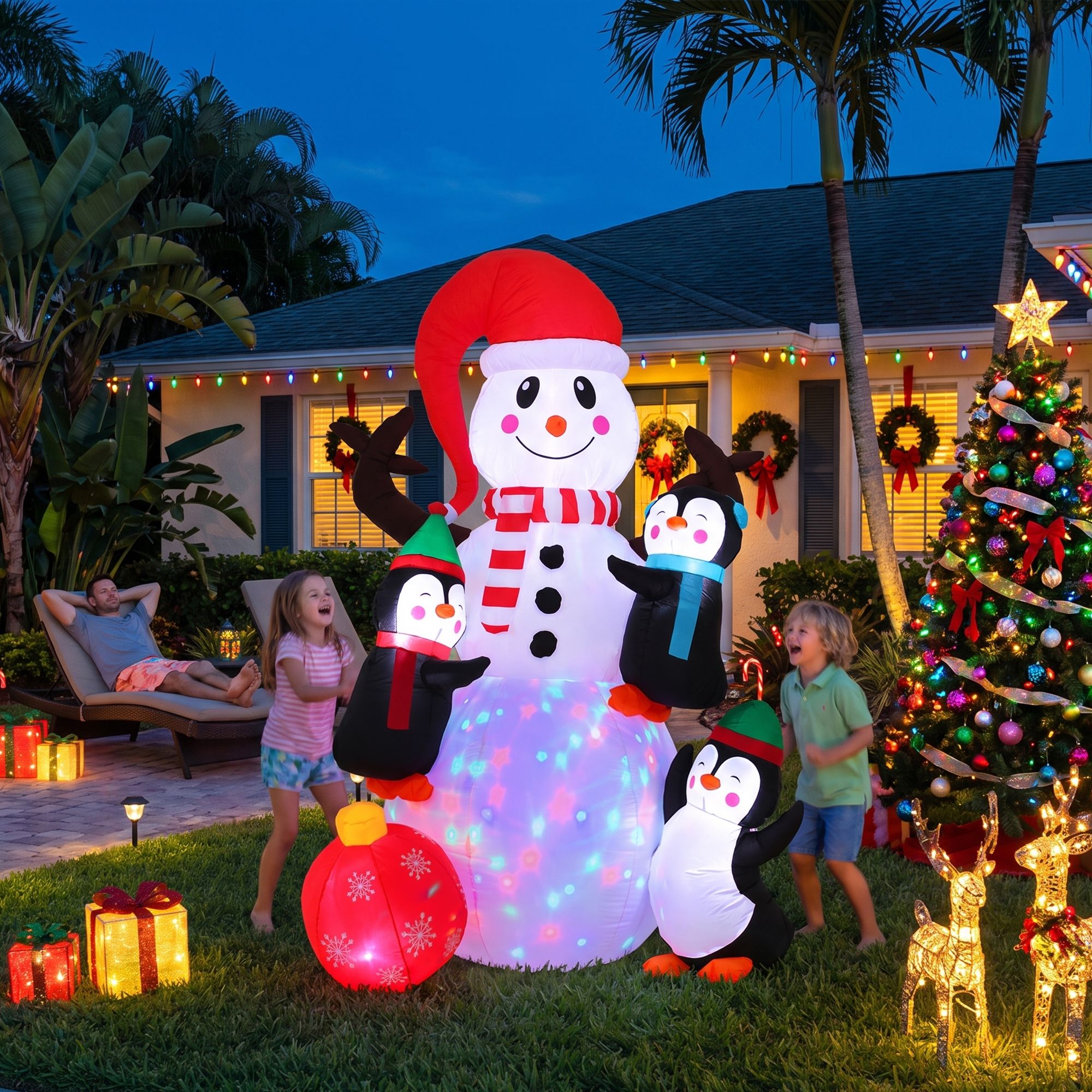 1.85M Snowman with Penguins Christmas Inflatable with Rotating LED Lights