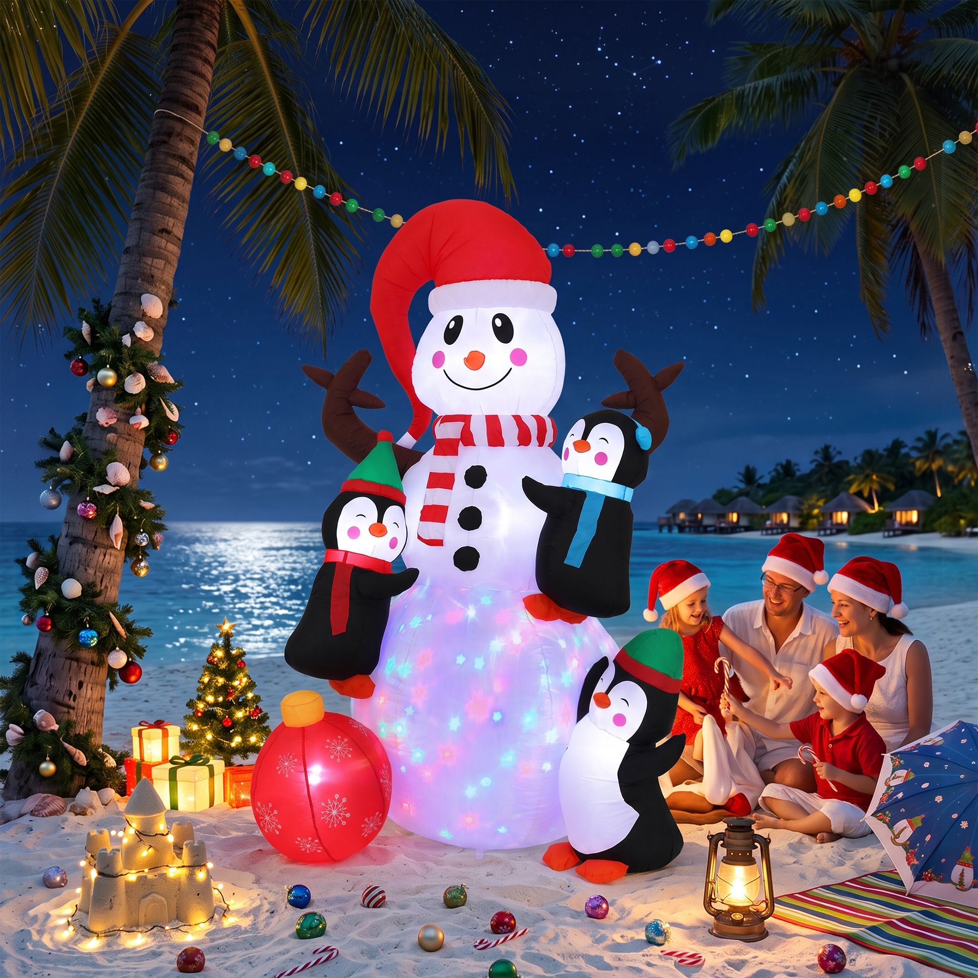 1.85M Snowman with Penguins Christmas Inflatable with Rotating LED Lights