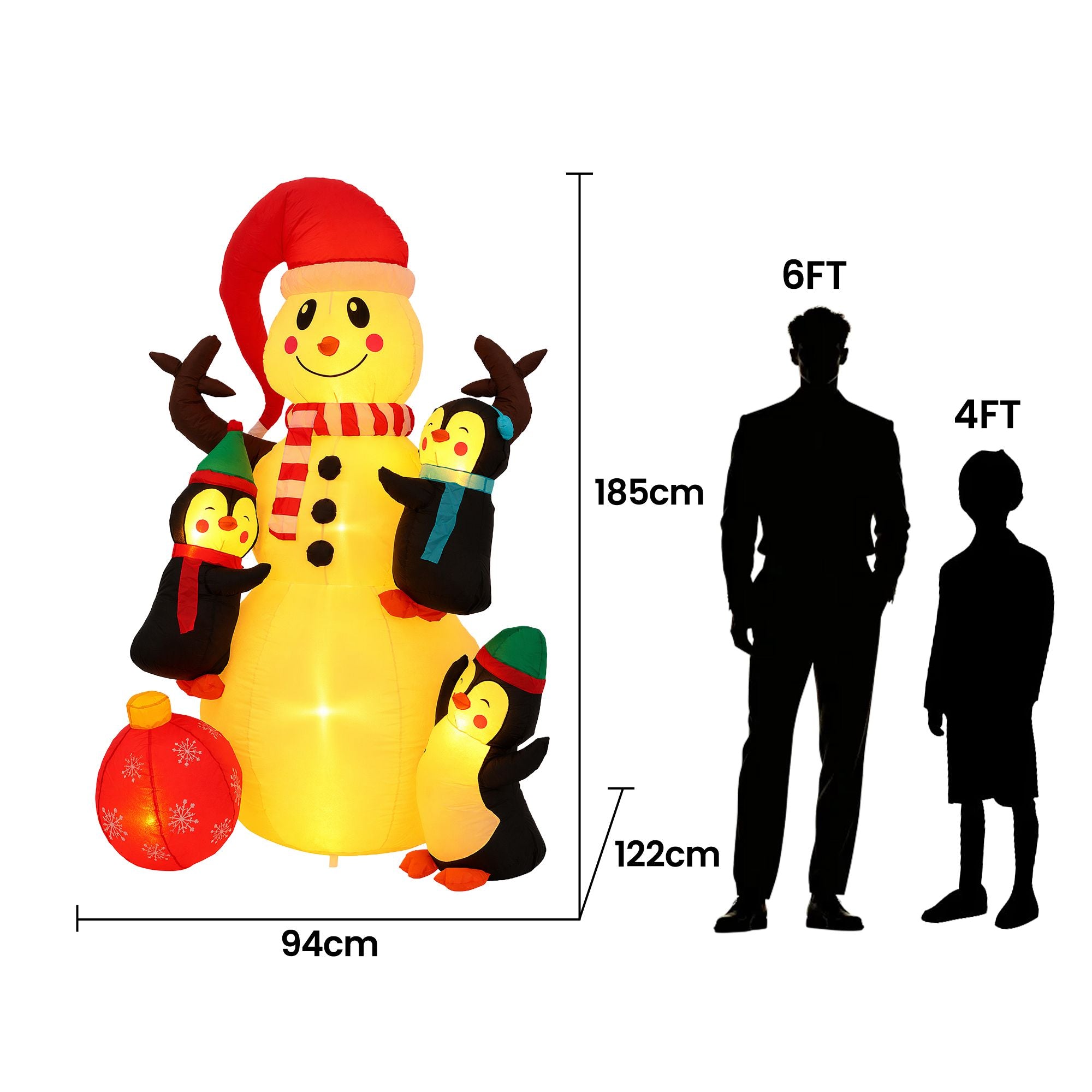 1.8M Snowman Inflatable with Penguins & Warm White LED Lights