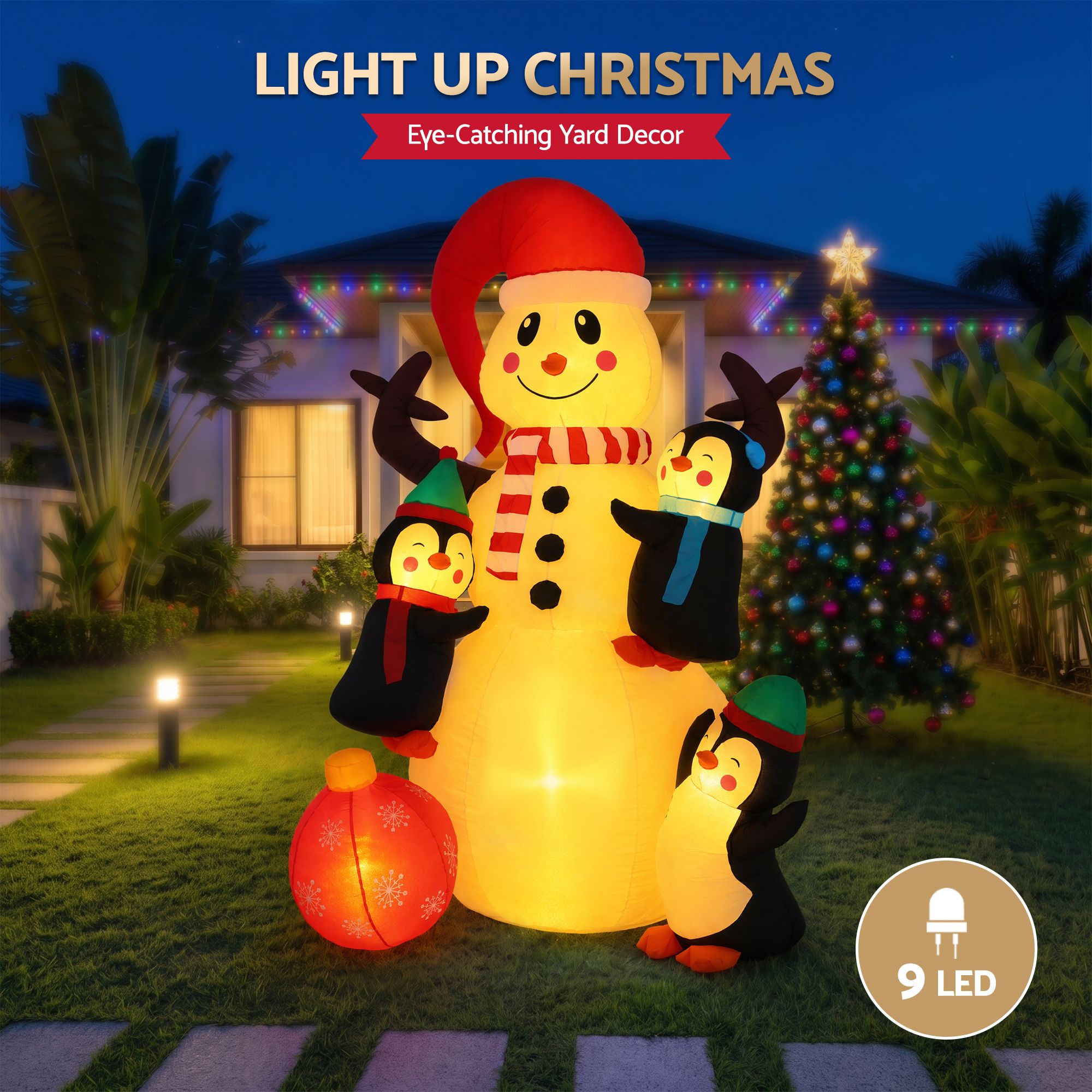 1.8M Snowman Inflatable with Penguins & Warm White LED Lights