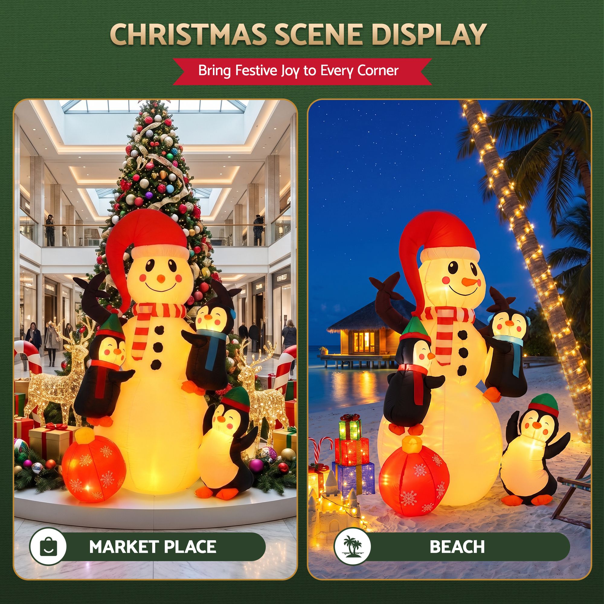 1.8M Snowman Inflatable with Penguins & Warm White LED Lights