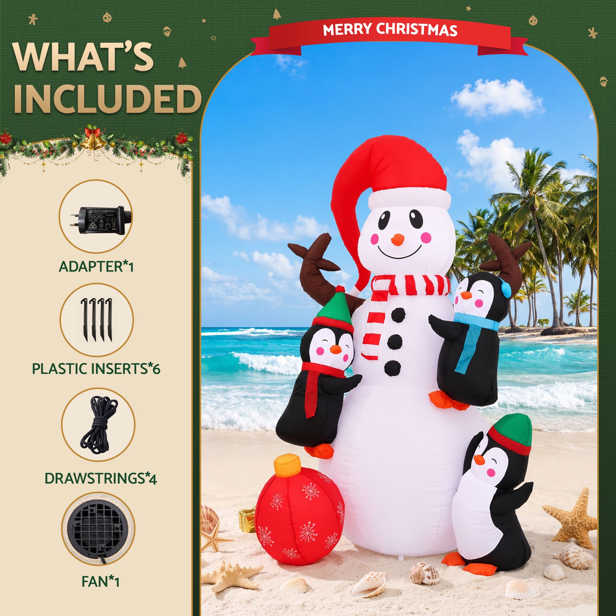 1.8M Snowman Inflatable with Penguins & Warm White LED Lights