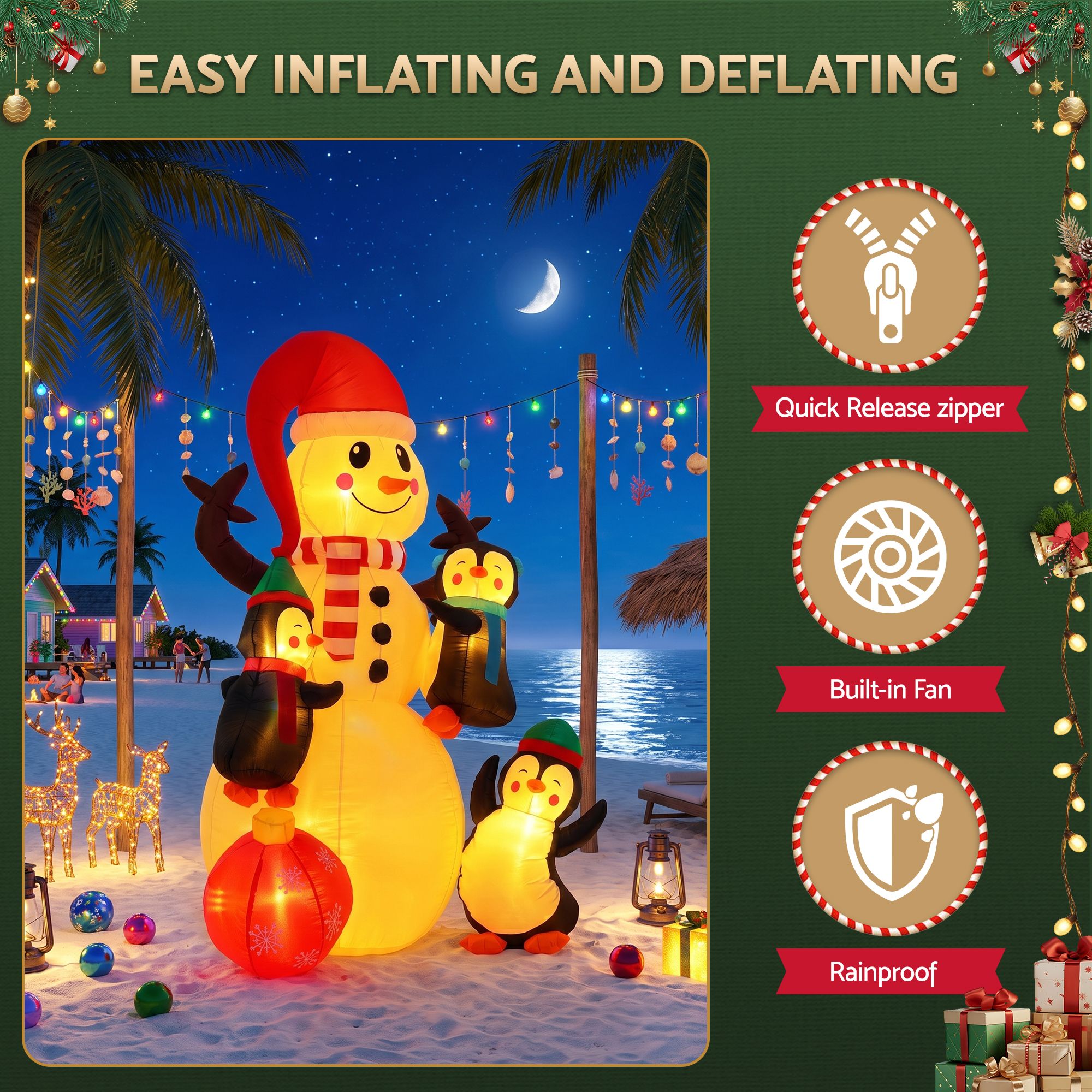 1.8M Snowman Inflatable with Penguins & Warm White LED Lights