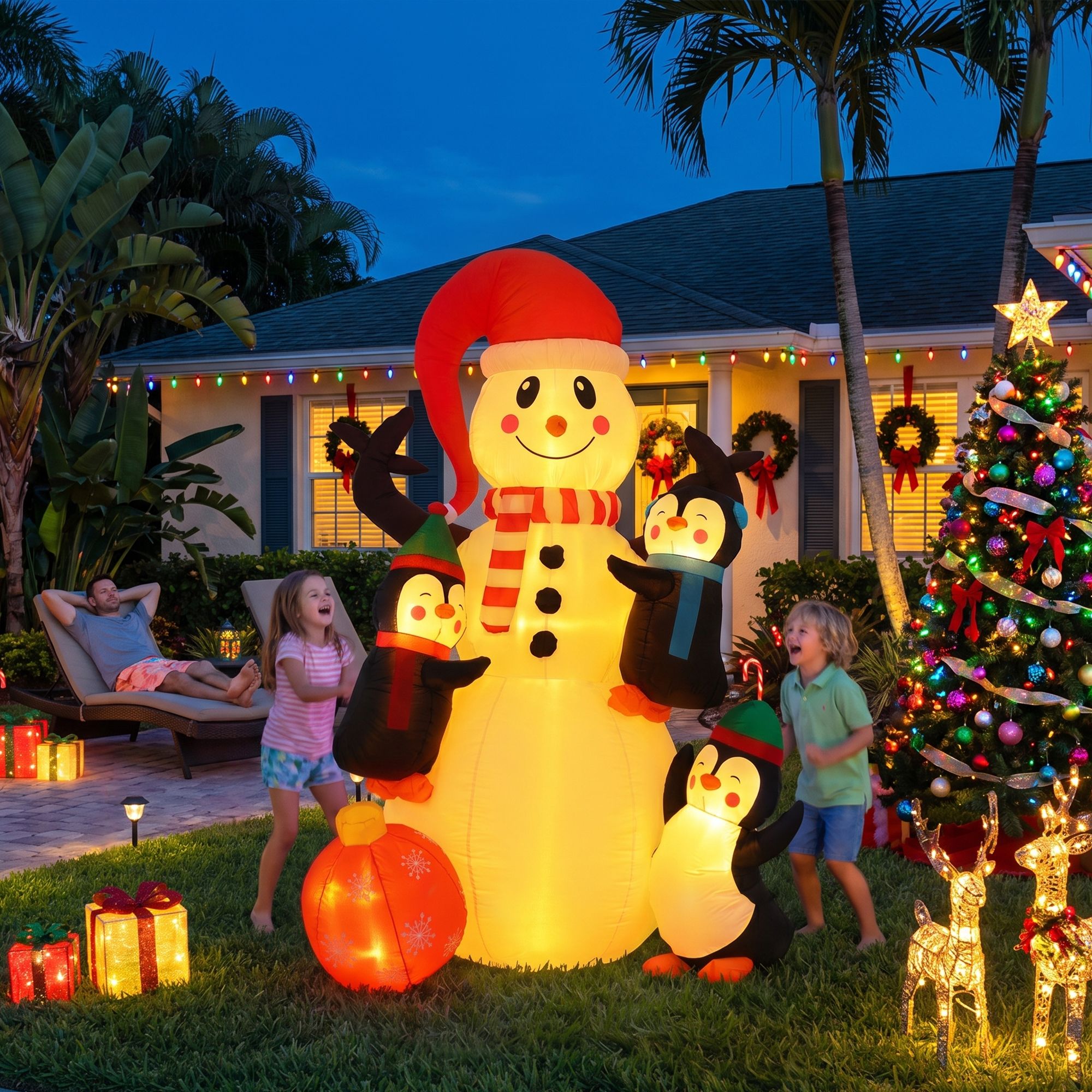 1.8M Snowman Inflatable with Penguins & Warm White LED Lights