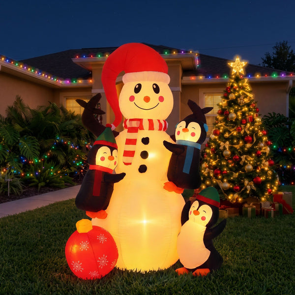 1.8M Snowman Inflatable with Penguins & Warm White LED Lights
