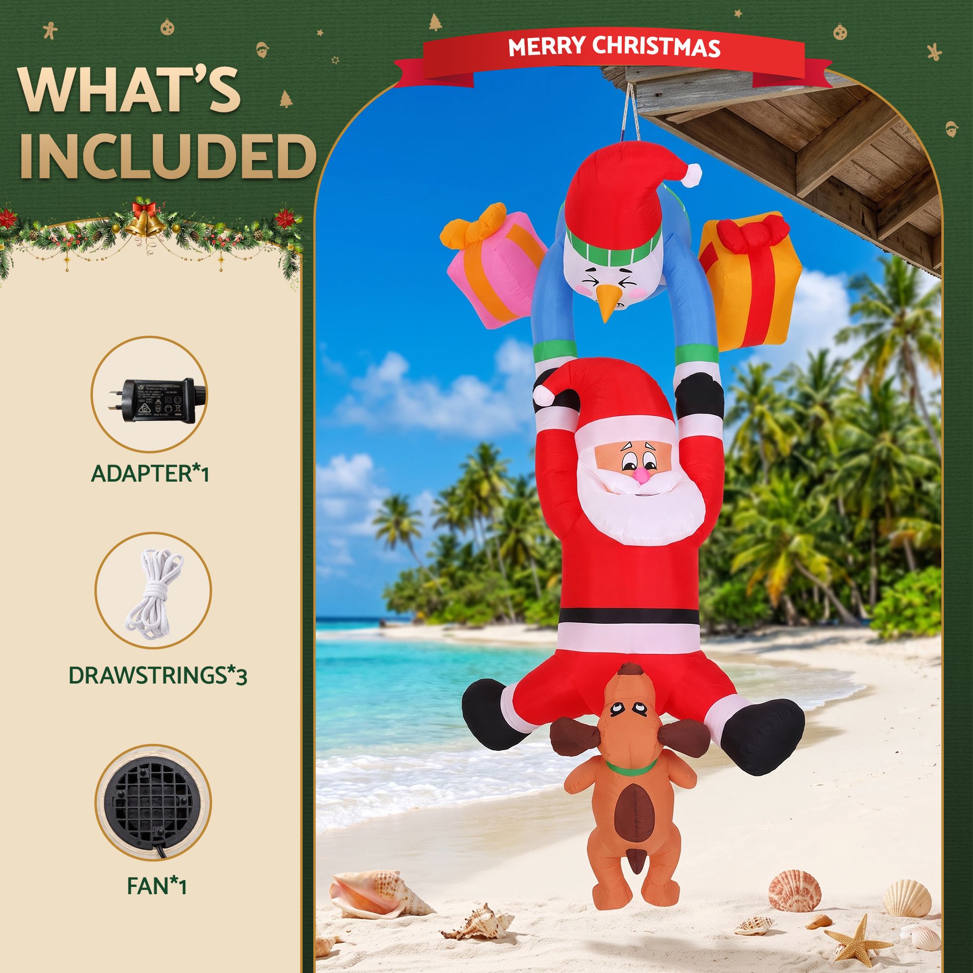 3.5M Hanging Santa with Reindeer Christmas Inflatable with LED Lights