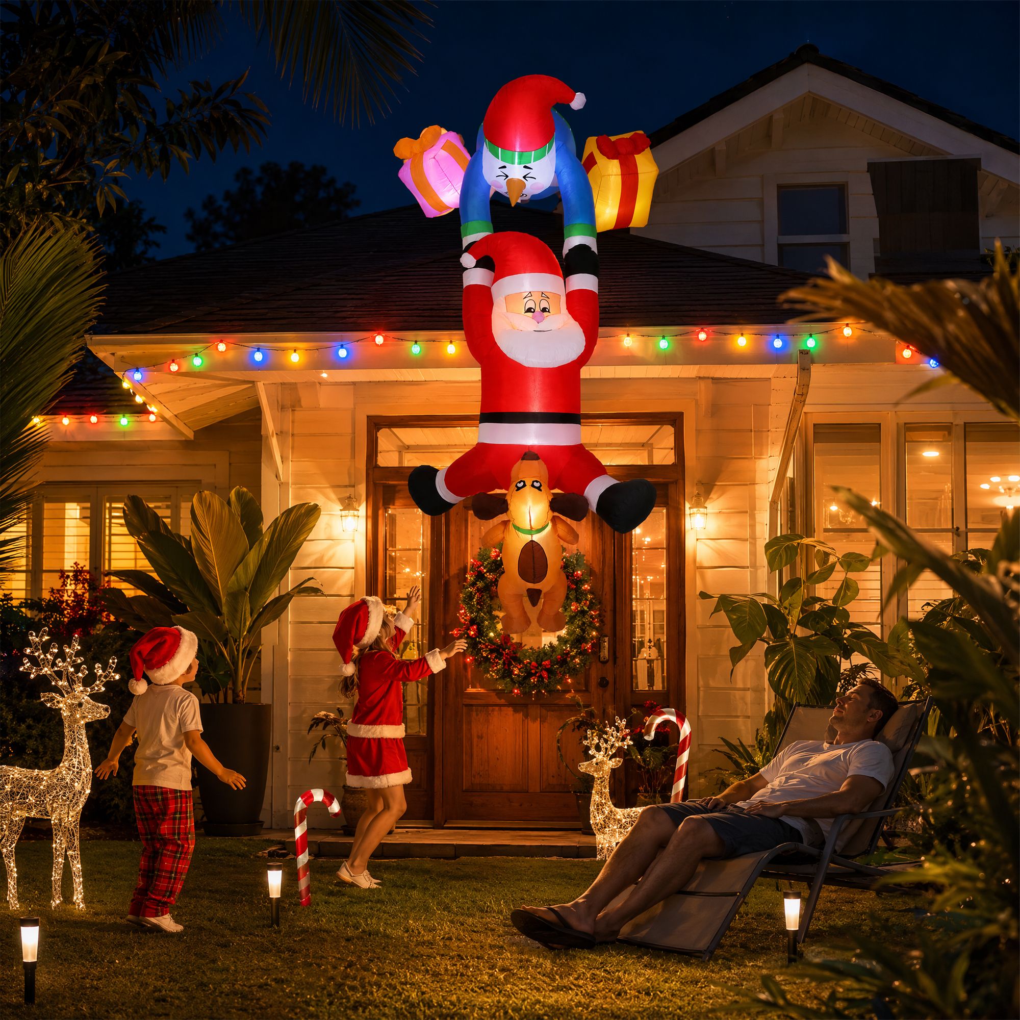 3.5M Hanging Santa with Reindeer Christmas Inflatable with LED Lights