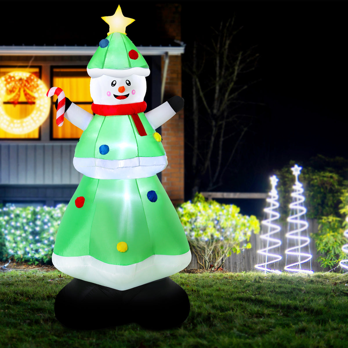 2.75M Christmas Inflatable Snowman Christmas Tree Display – 4 Cold White LED Lights