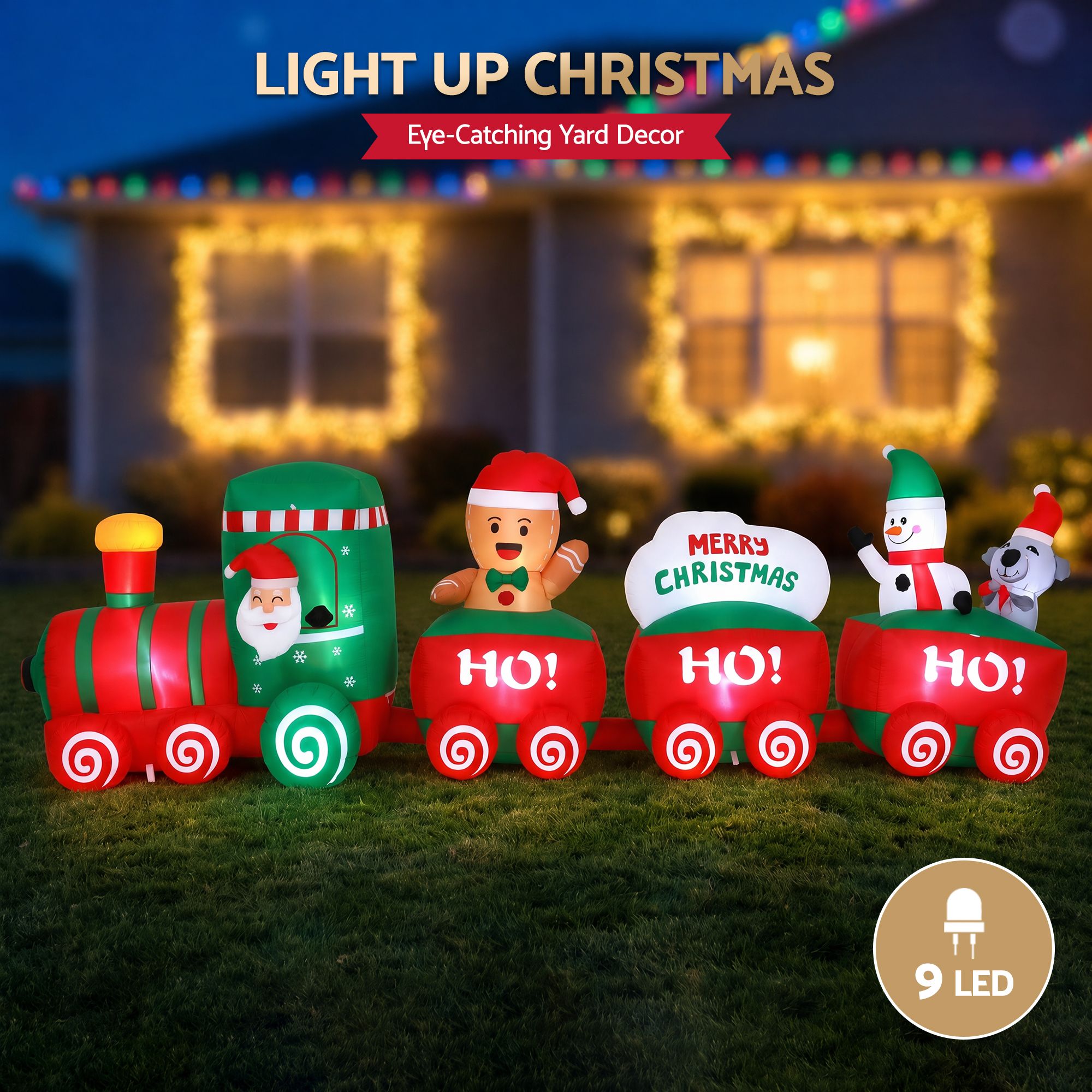 3.65M Santa Christmas Train Inflatable with Gingerbread Man, Snowman & Penguin