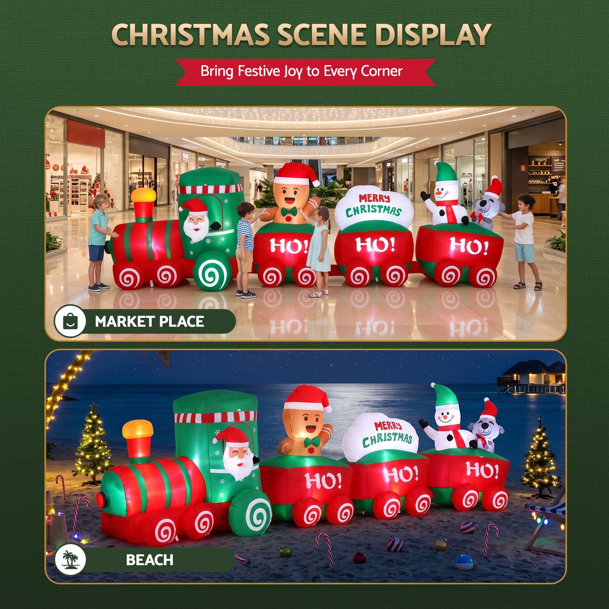 3.65M Santa Christmas Train Inflatable with Gingerbread Man, Snowman & Penguin