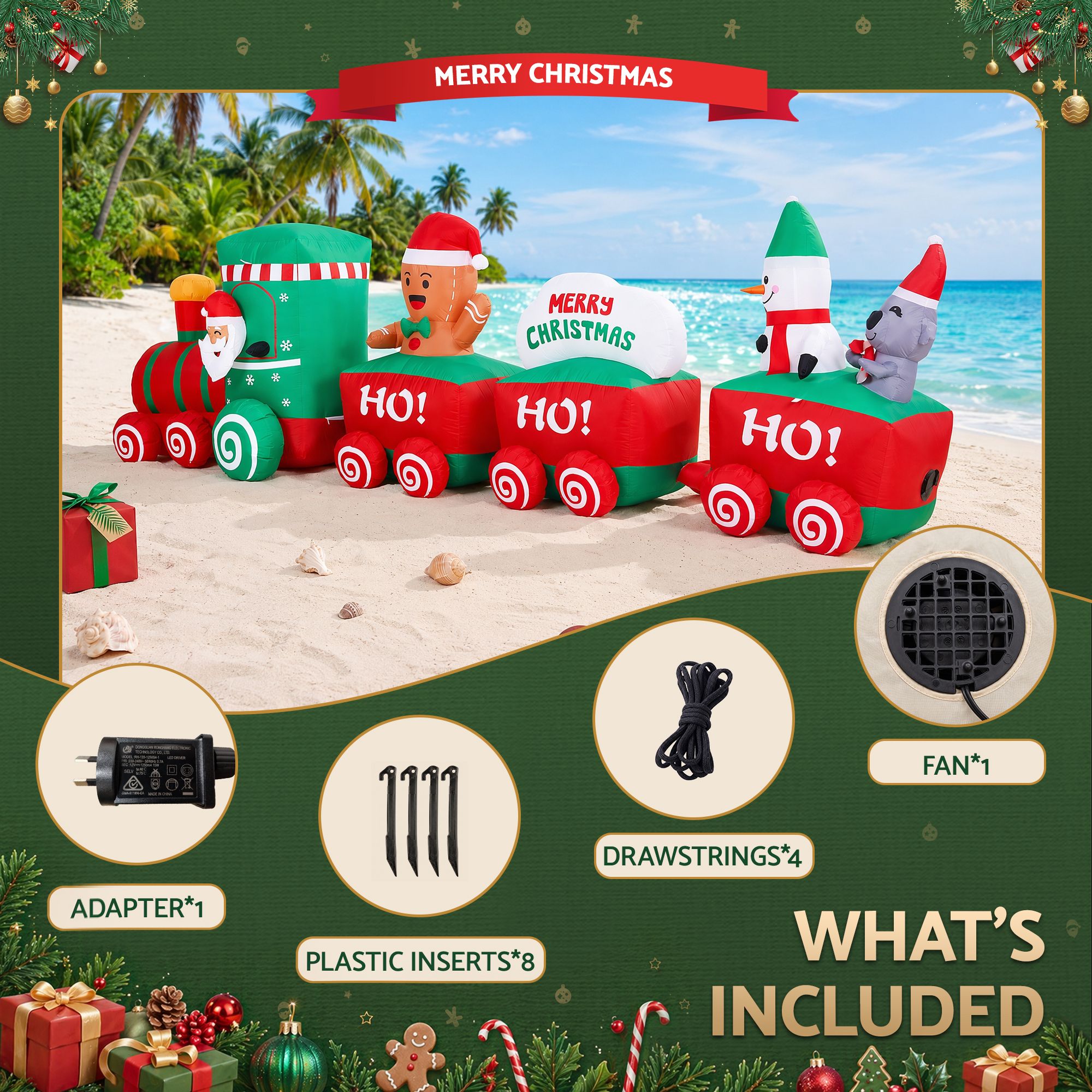 3.65M Santa Christmas Train Inflatable with Gingerbread Man, Snowman & Penguin